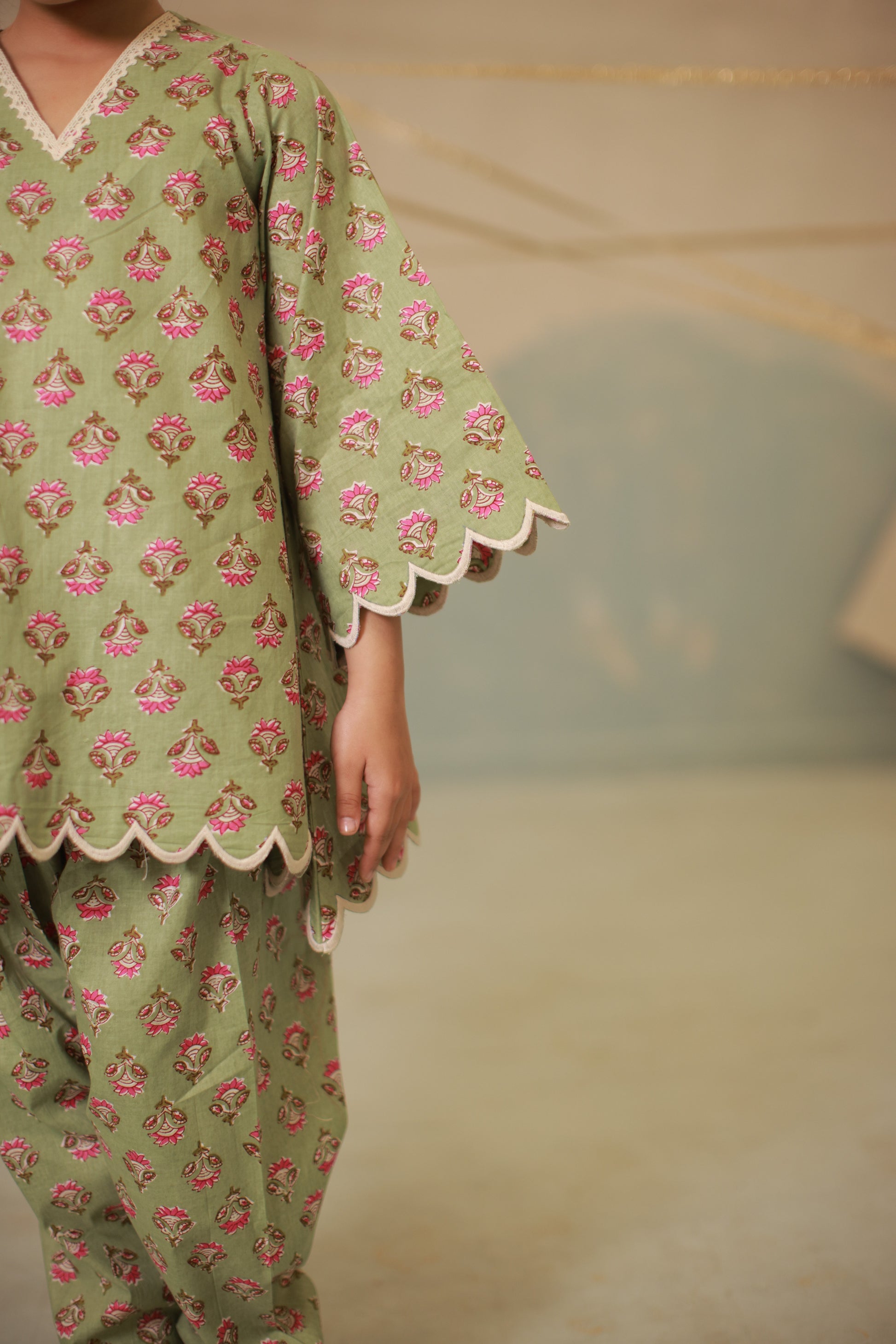 Green cream embroidery co-ord set with scallops for kids