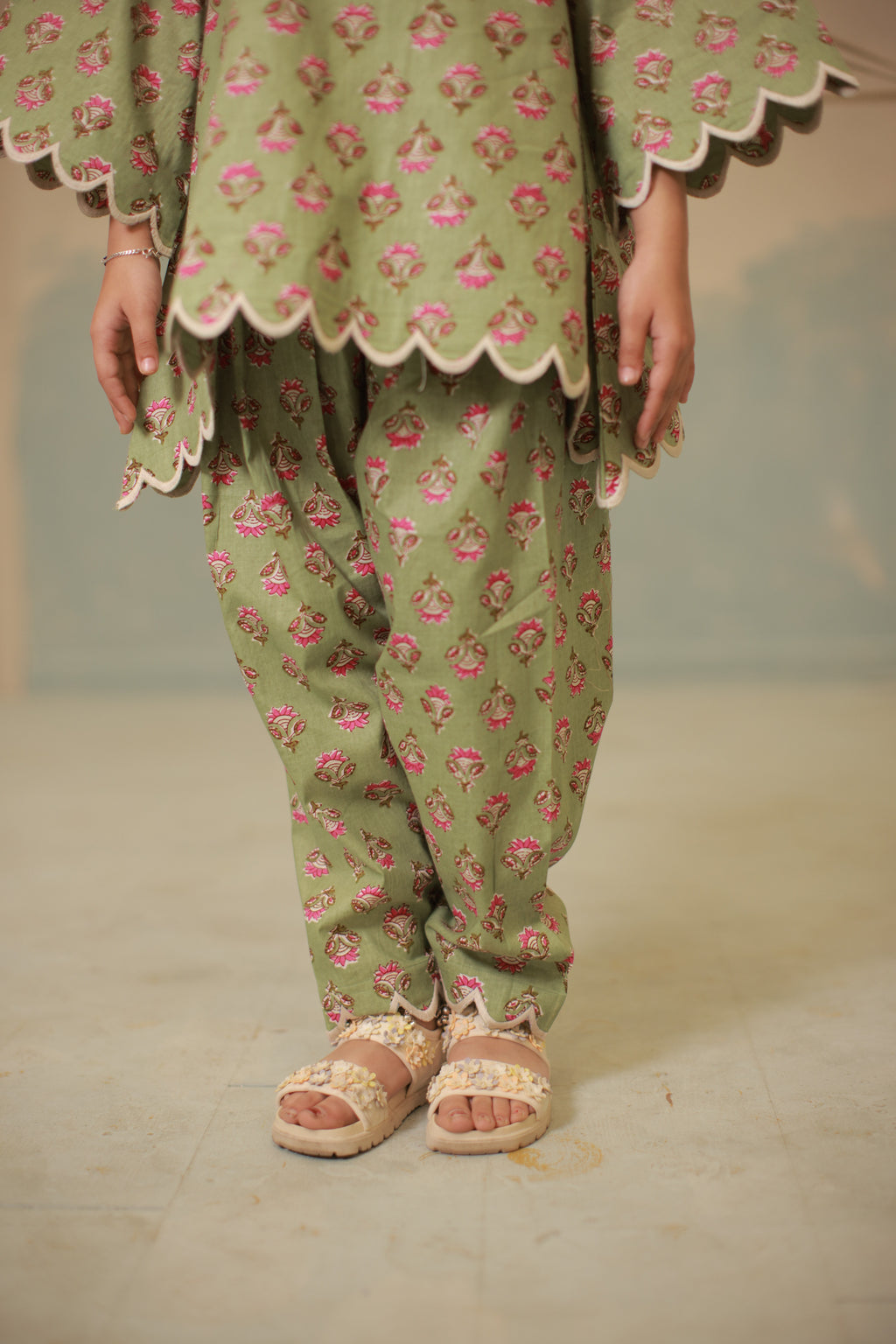 Green cream embroidery co-ord set with scallops for kids