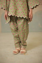Green cream embroidery co-ord set with scallops for kids