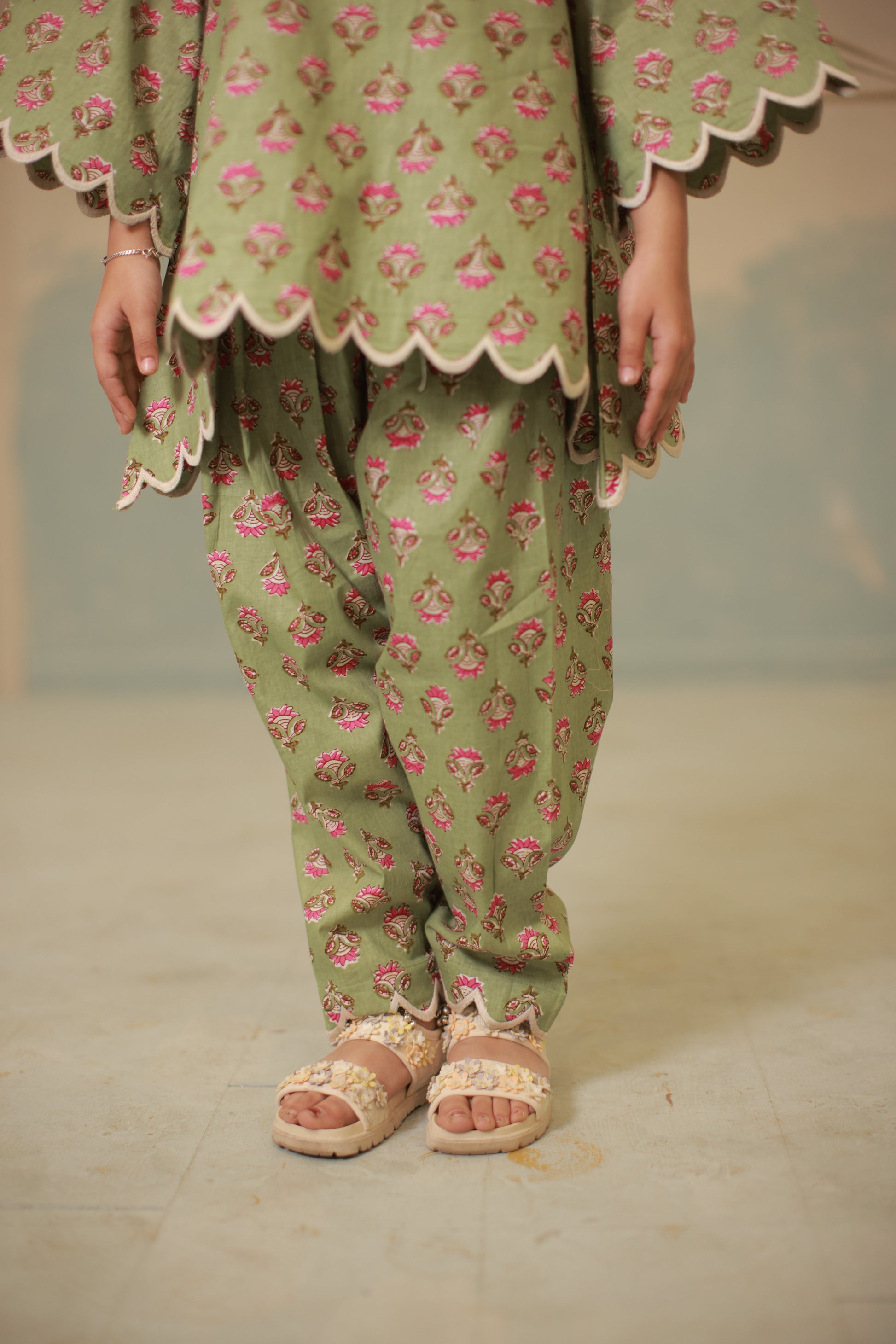 Green cream embroidery co-ord set with scallops for kids