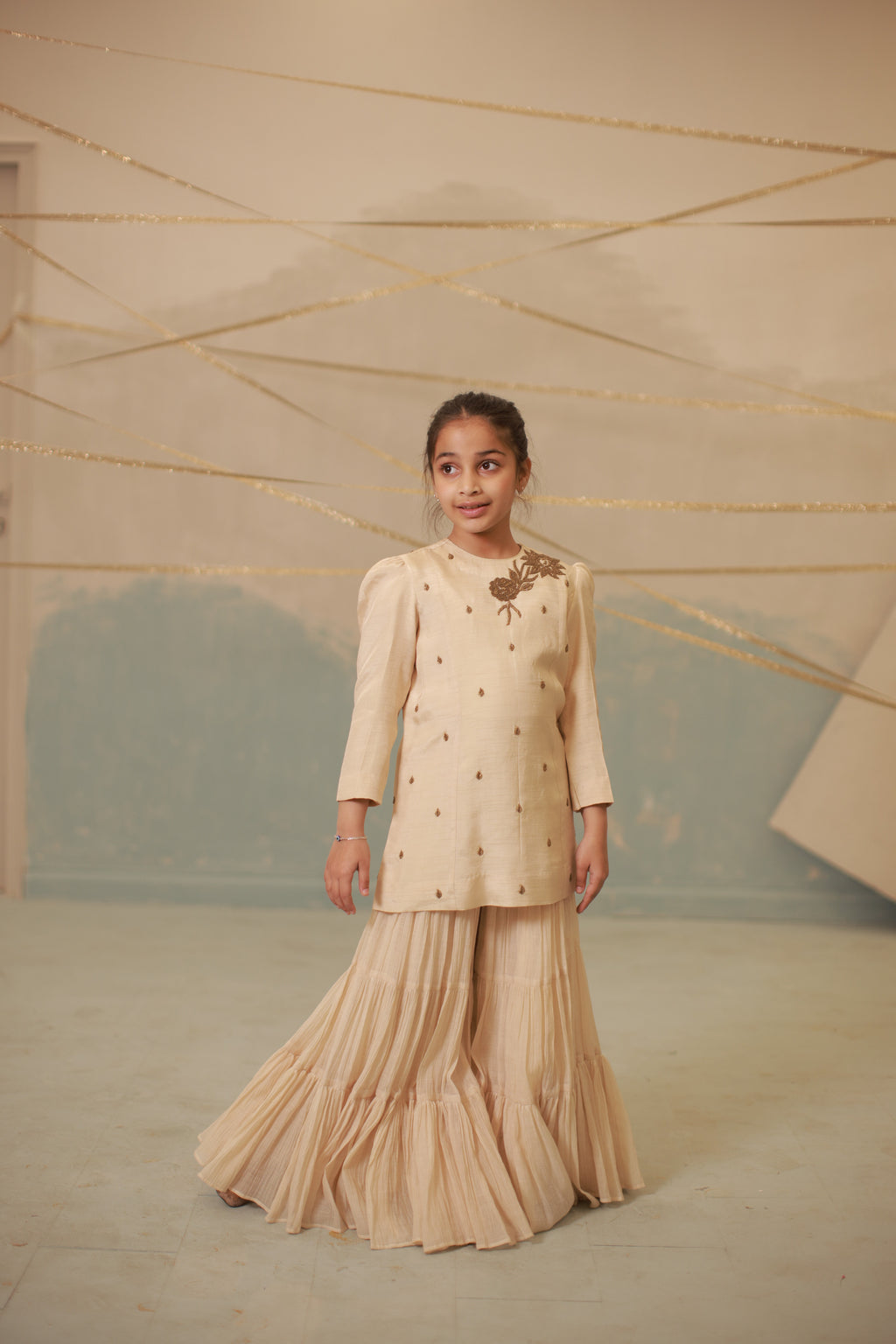 Off-White Hand-Embroidered Sharara Set for Kids
