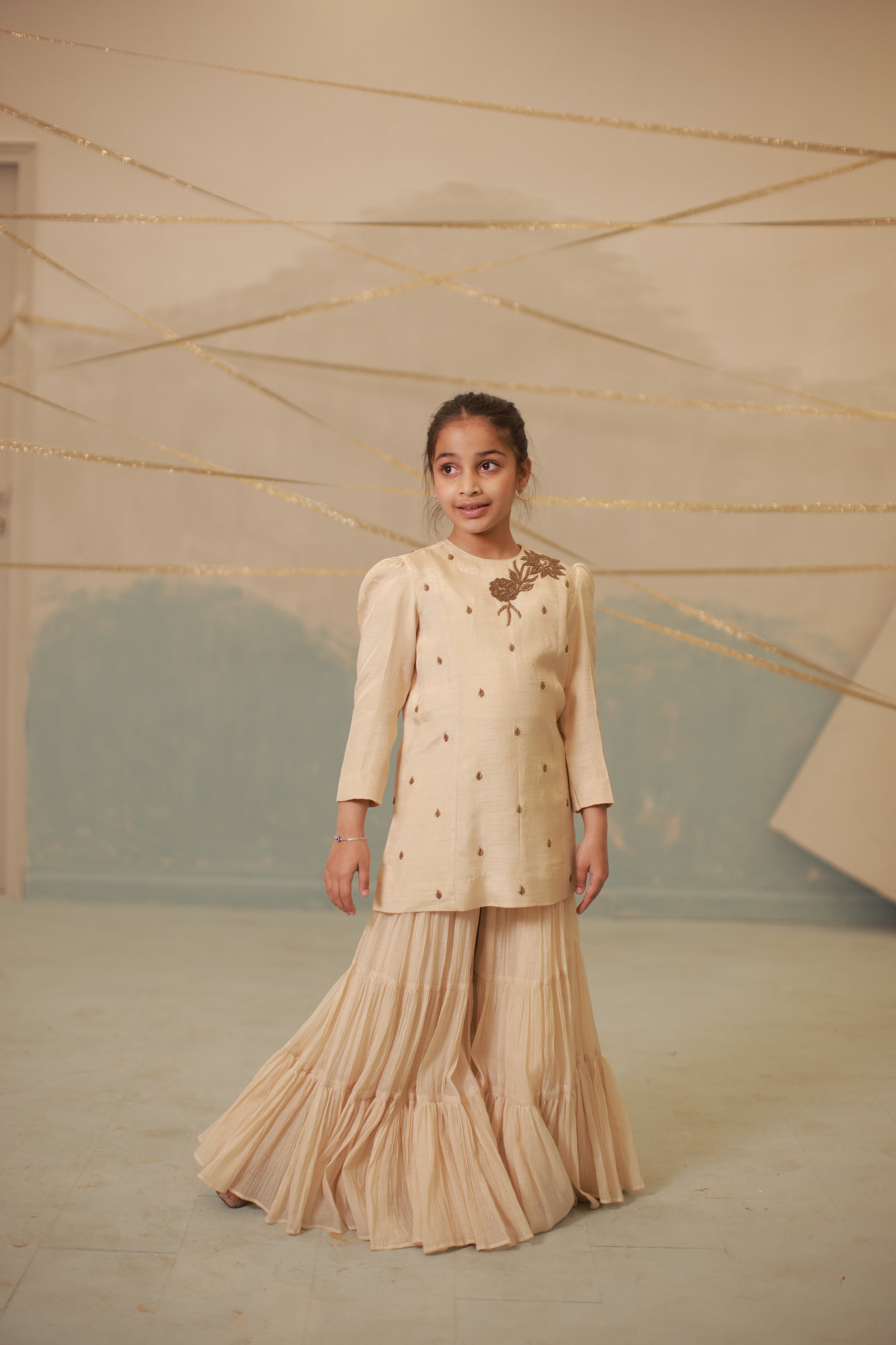 Off-White Hand-Embroidered Sharara Set for Kids