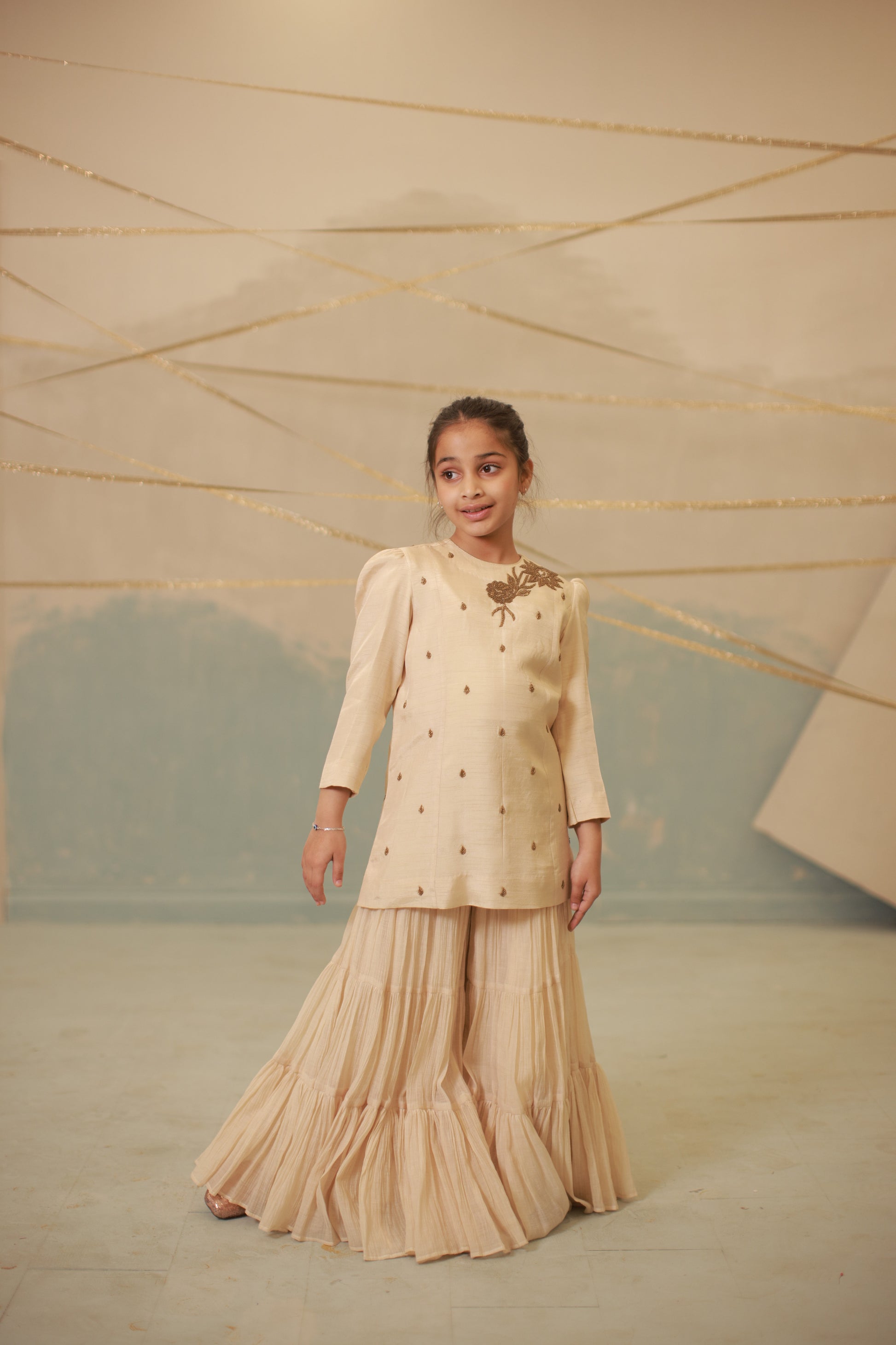 Off-White Hand-Embroidered Sharara Set for Kids