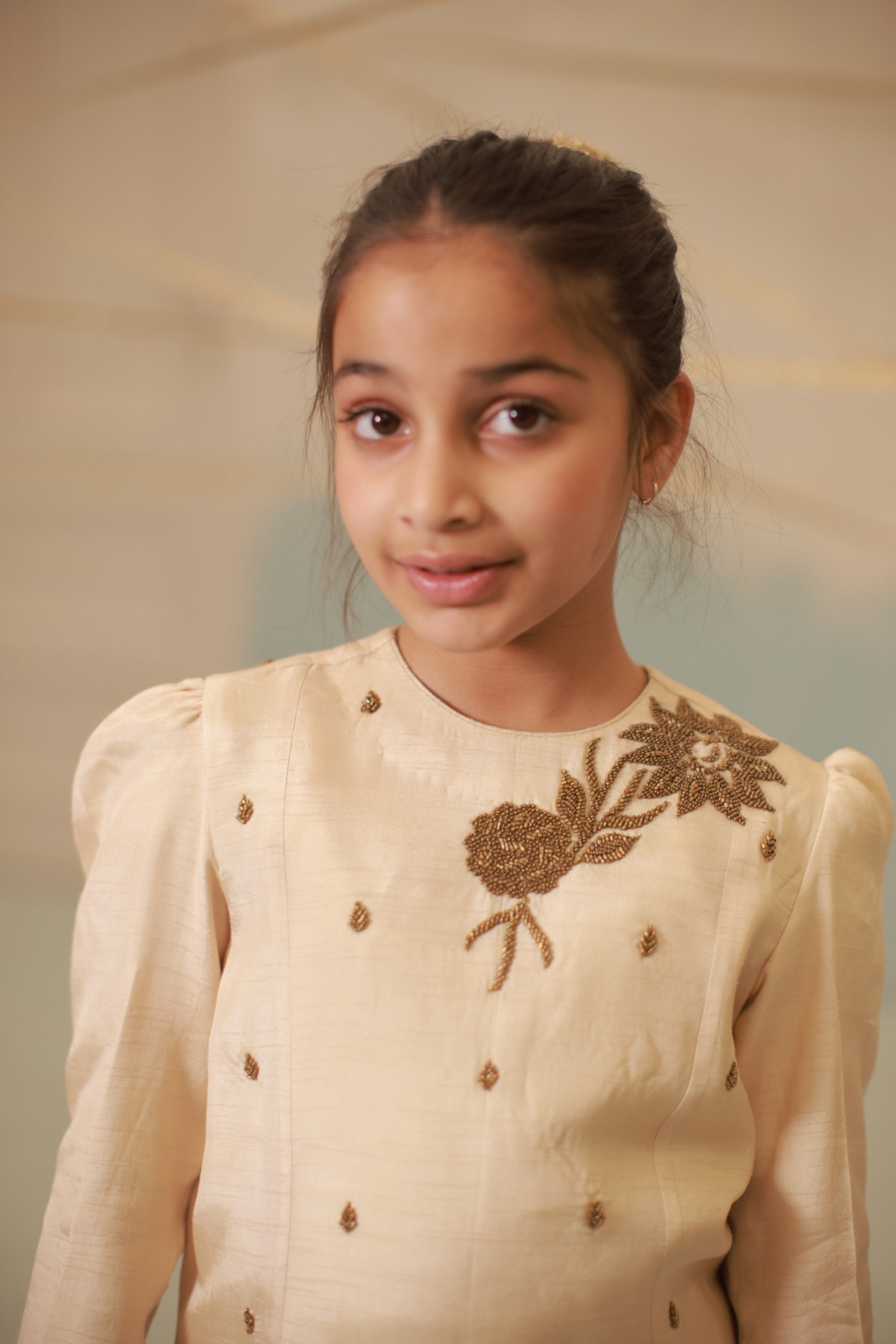 Off-White Hand-Embroidered Sharara Set for Kids