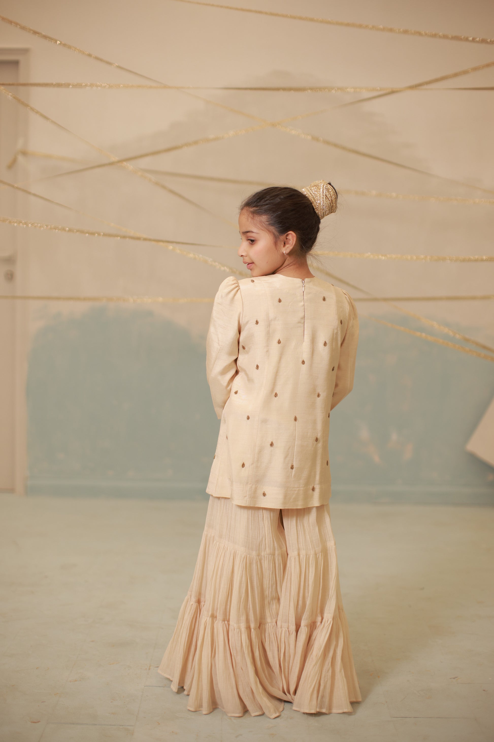 Off-White Hand-Embroidered Sharara Set for Kids