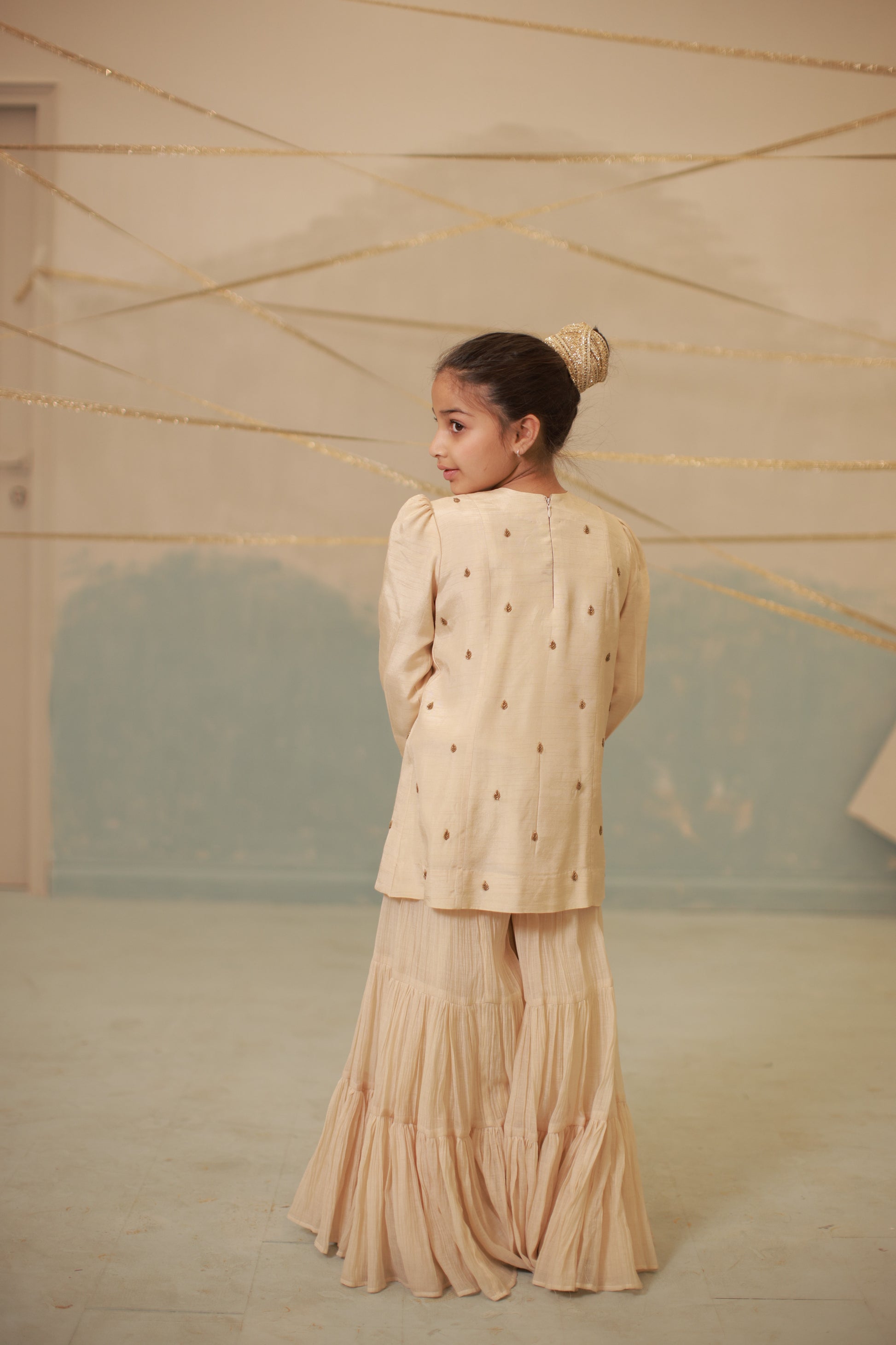 Off-White Hand-Embroidered Sharara Set for Kids