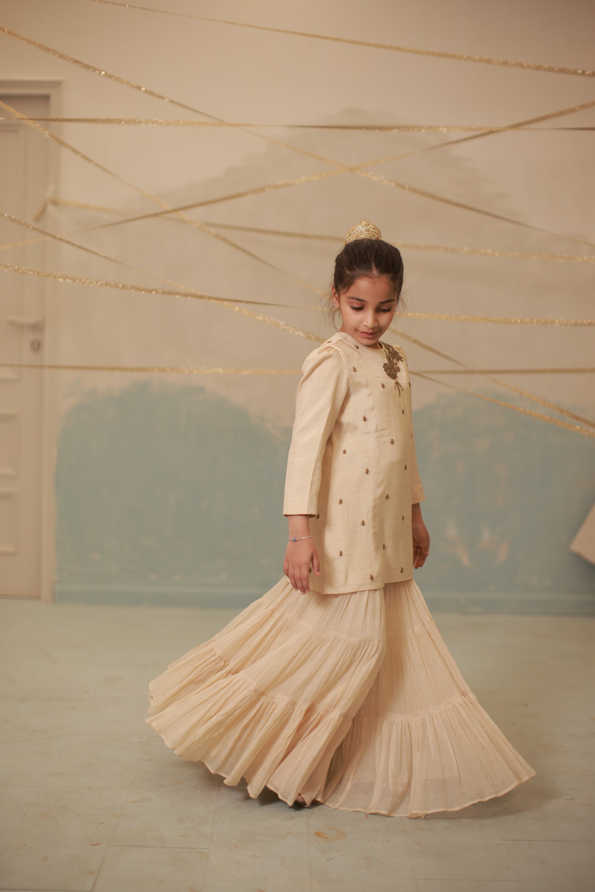 Off-White Hand-Embroidered Sharara Set for Kids