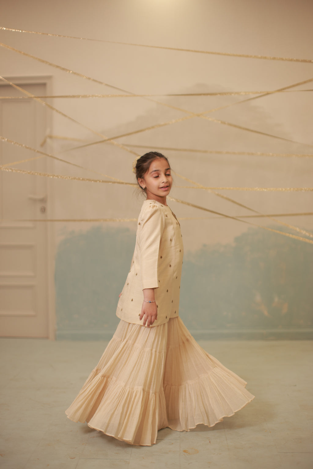 Off-White Hand-Embroidered Sharara Set for Kids