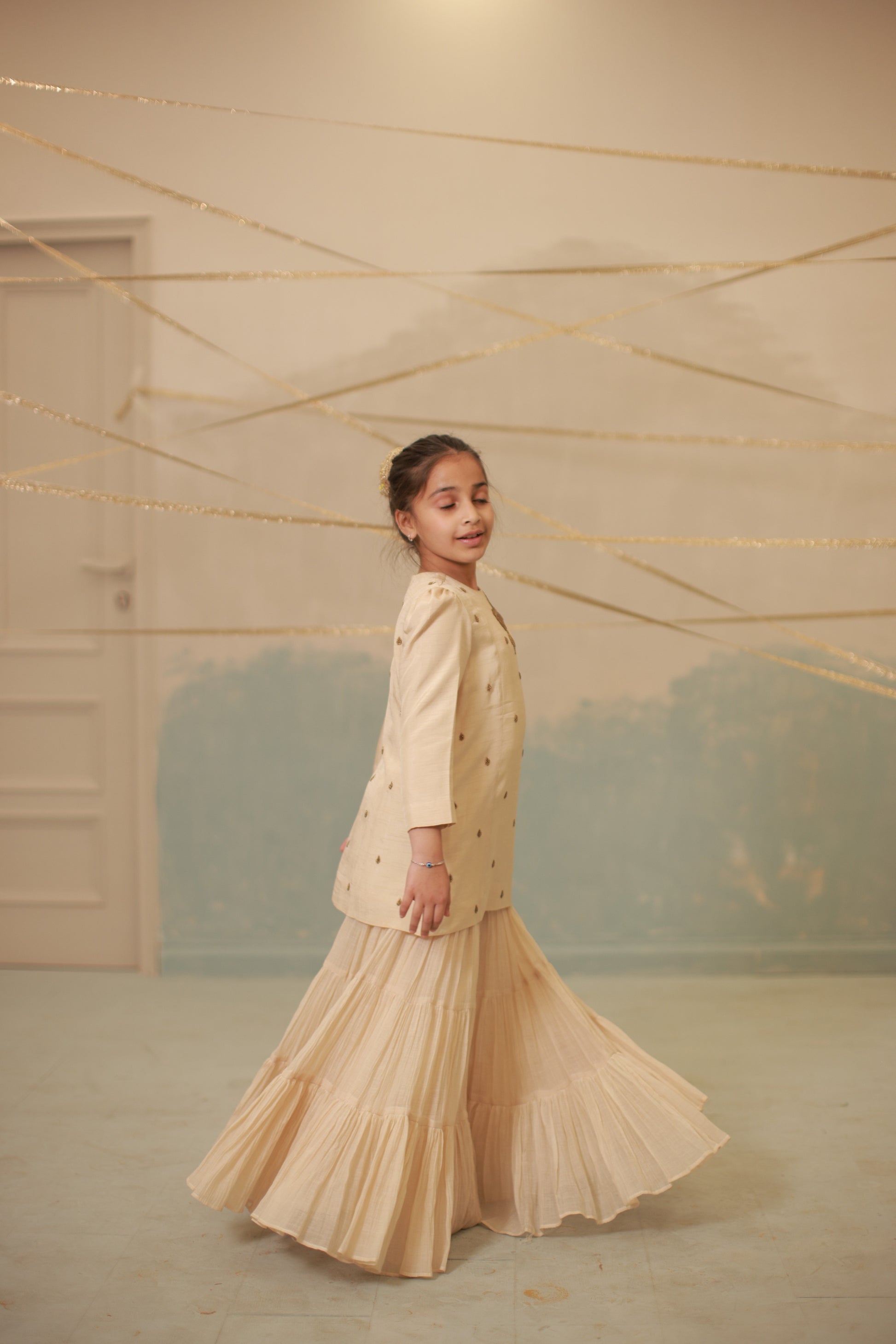 Off-White Hand-Embroidered Sharara Set for Kids
