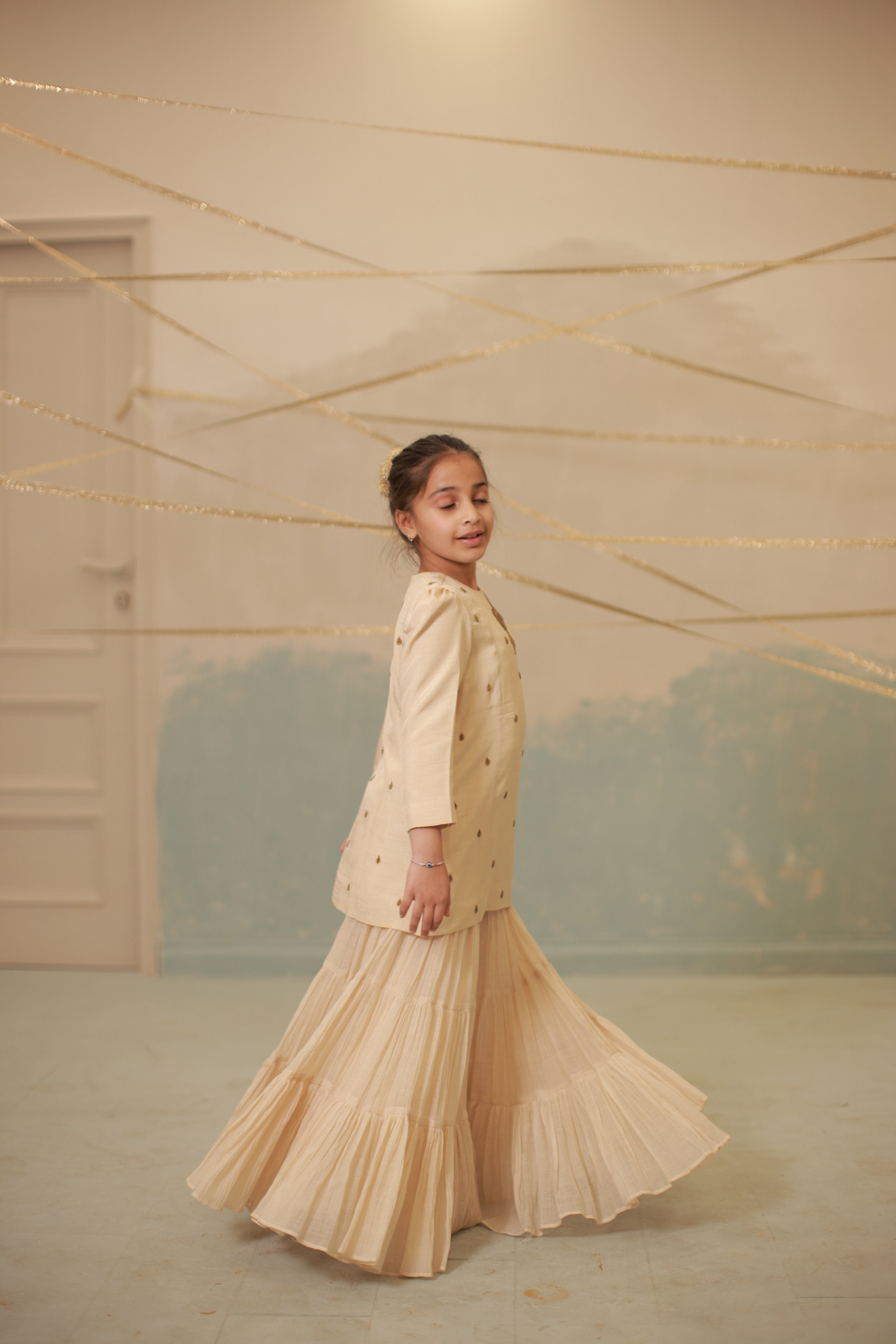 Off-White Hand-Embroidered Sharara Set for Kids