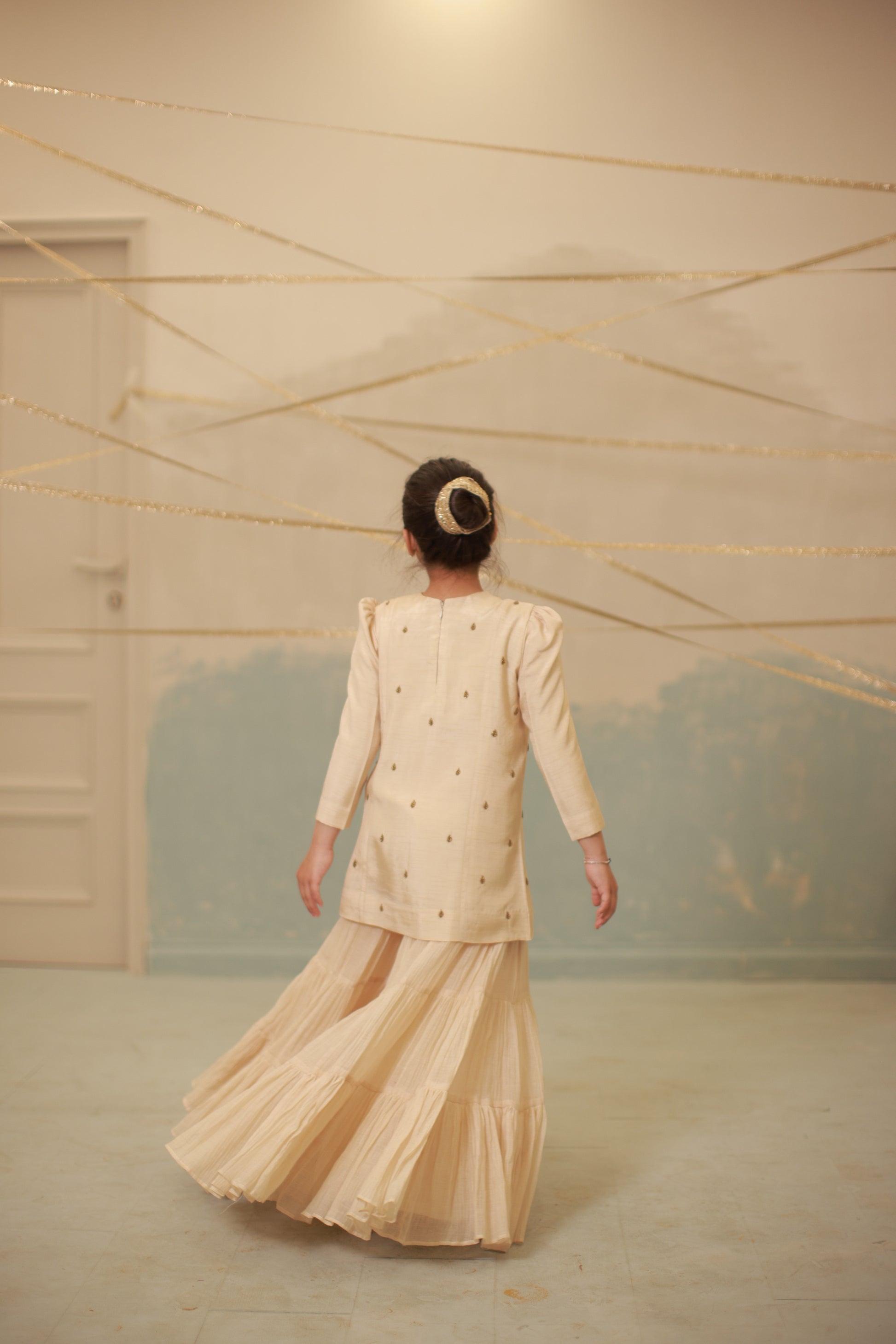 Off-White Hand-Embroidered Sharara Set for Kids
