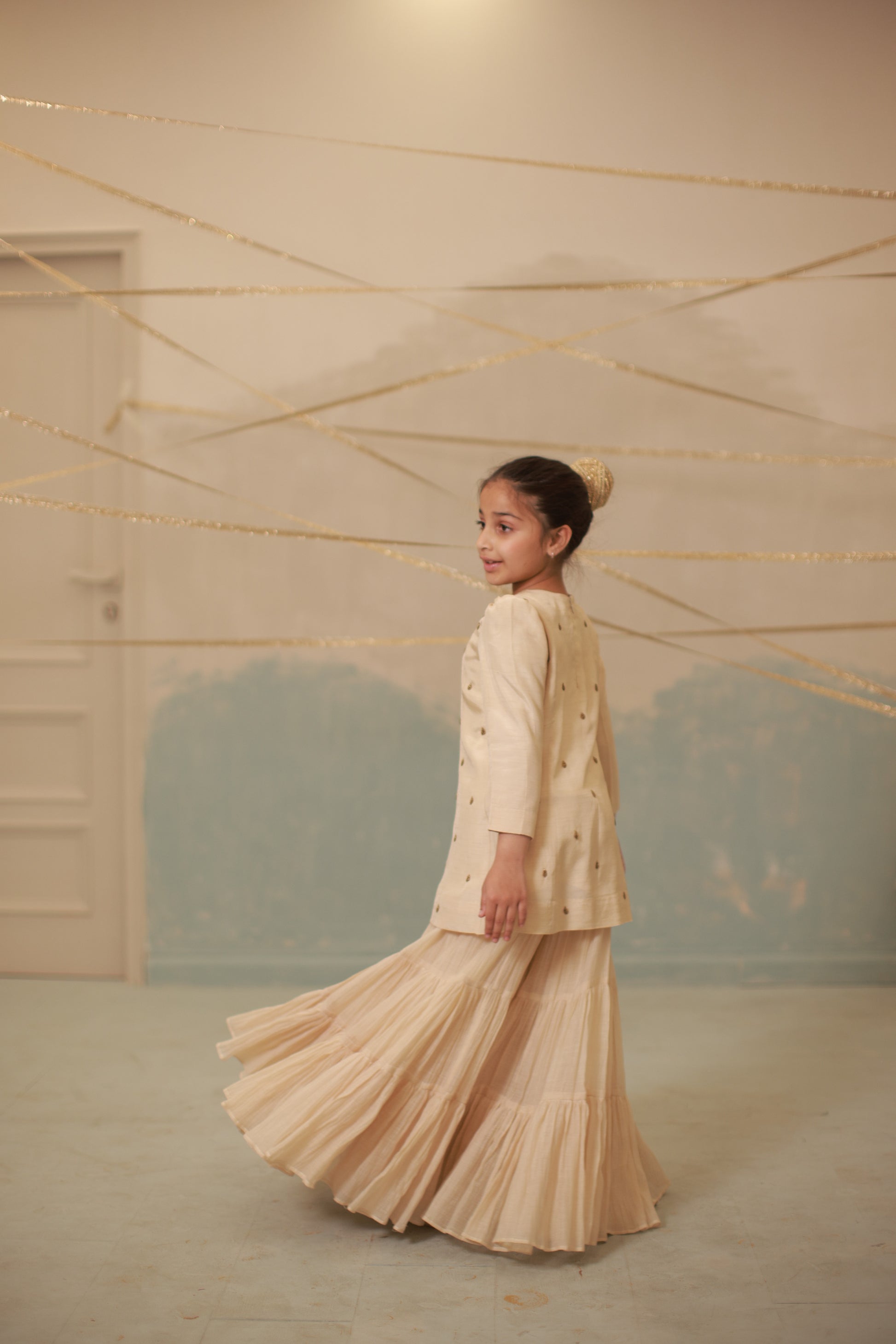 Off-White Hand-Embroidered Sharara Set for Kids