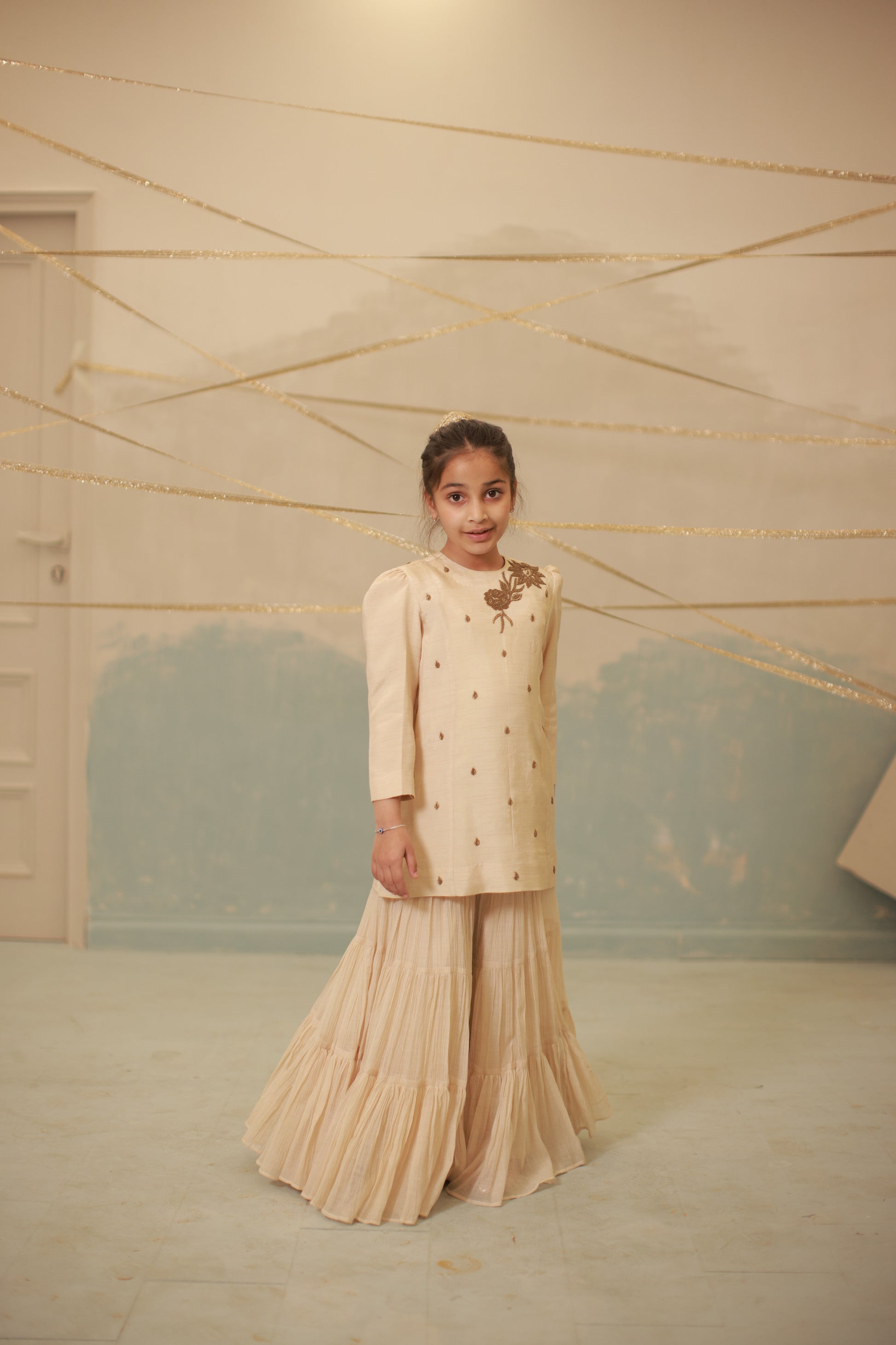 Off-White Hand-Embroidered Sharara Set for Kids