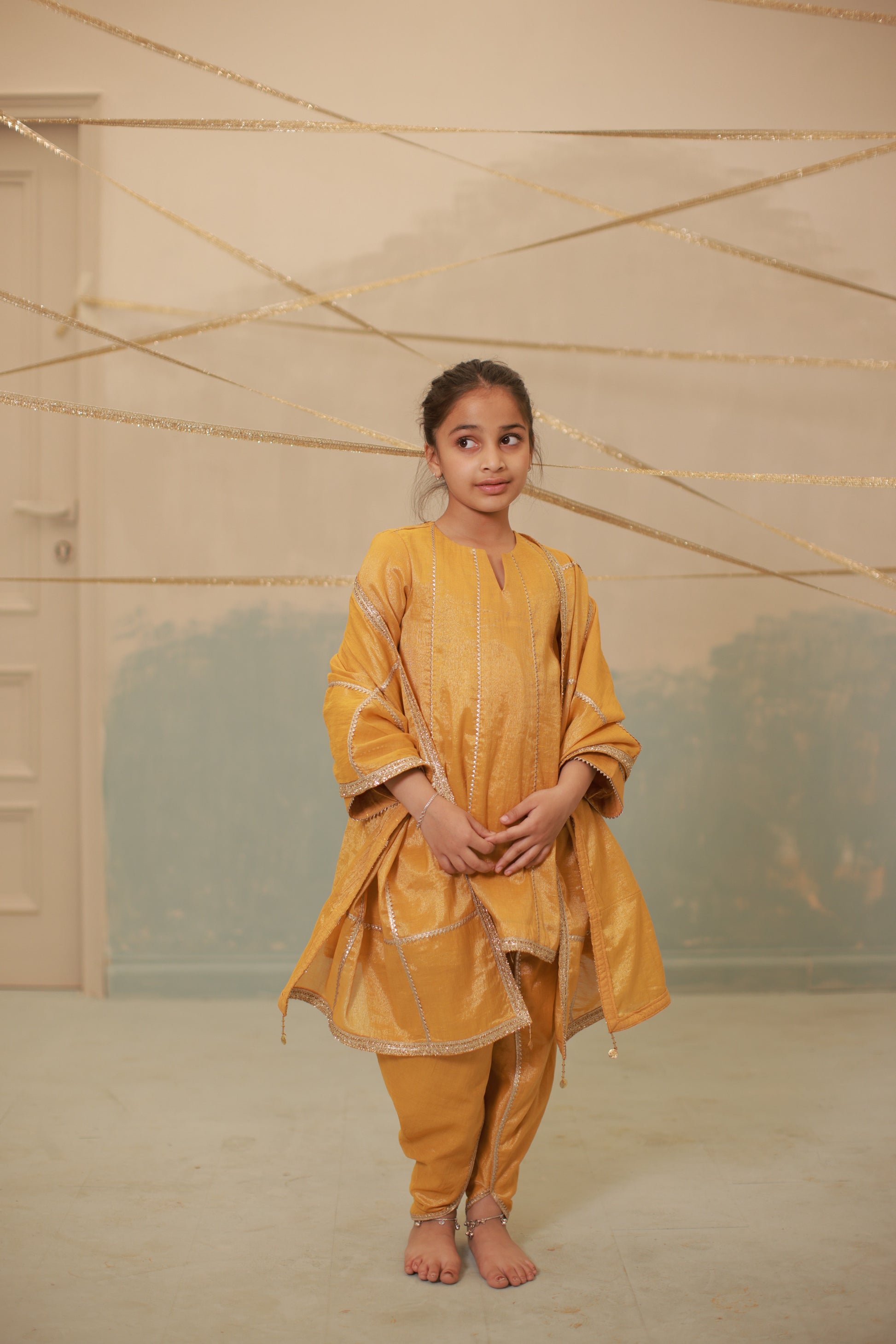 Haldi yellow short anarkali suit set for kids