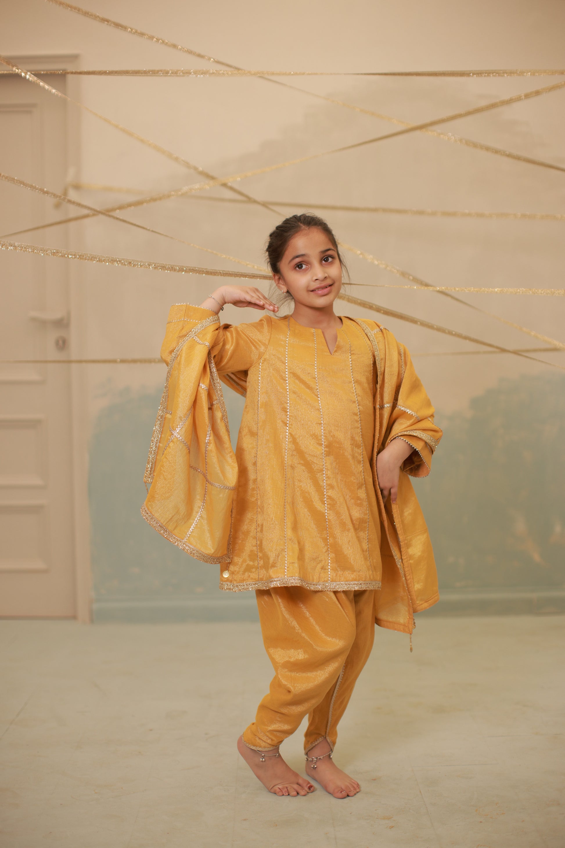 Haldi yellow short anarkali suit set for kids