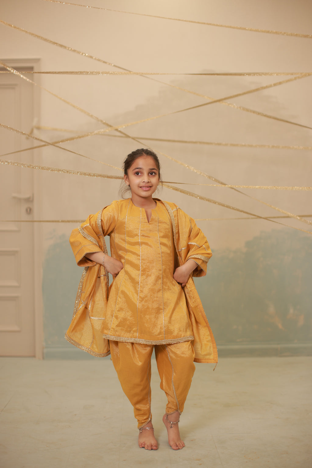 Haldi yellow short anarkali suit set for kids