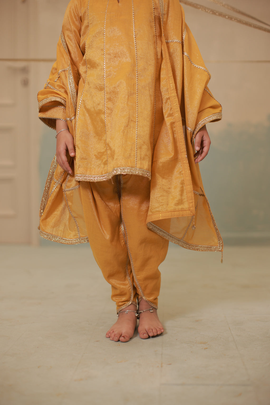 Haldi yellow short anarkali suit set for kids