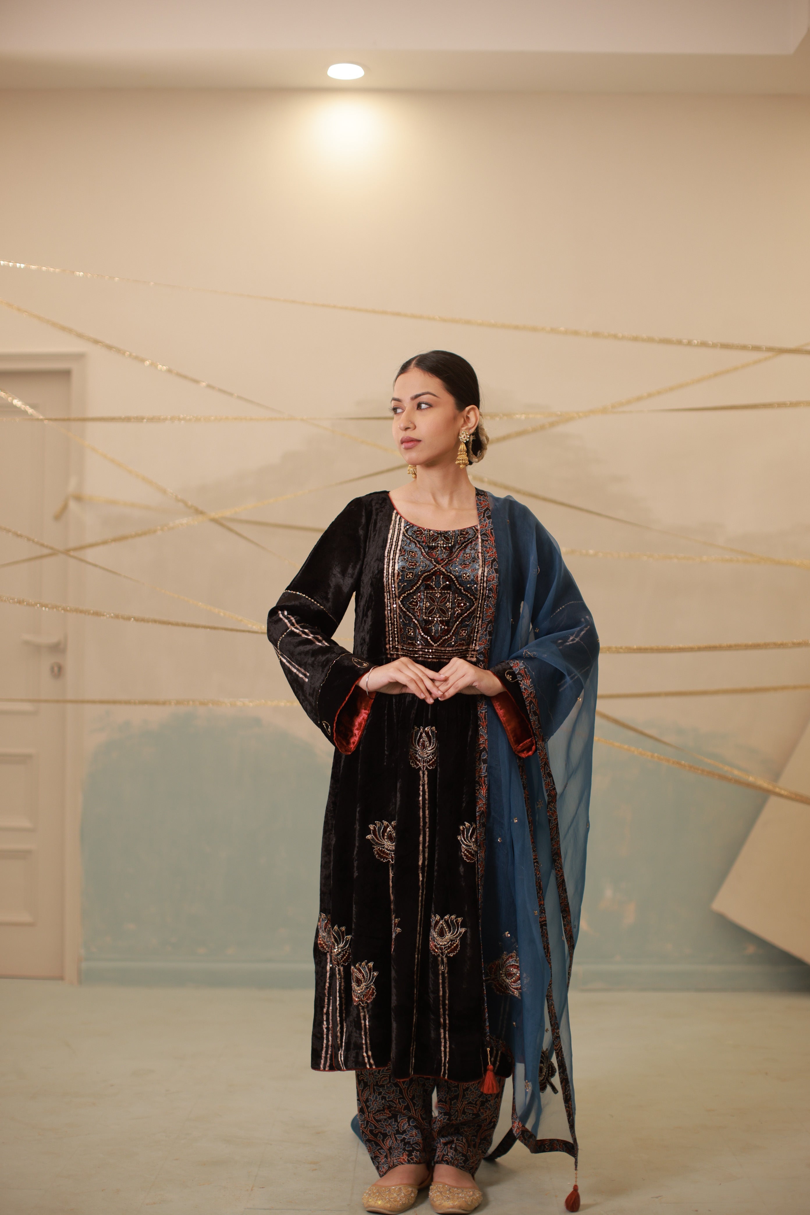 Blue-Black velvet hand embroidered kalidar suit set