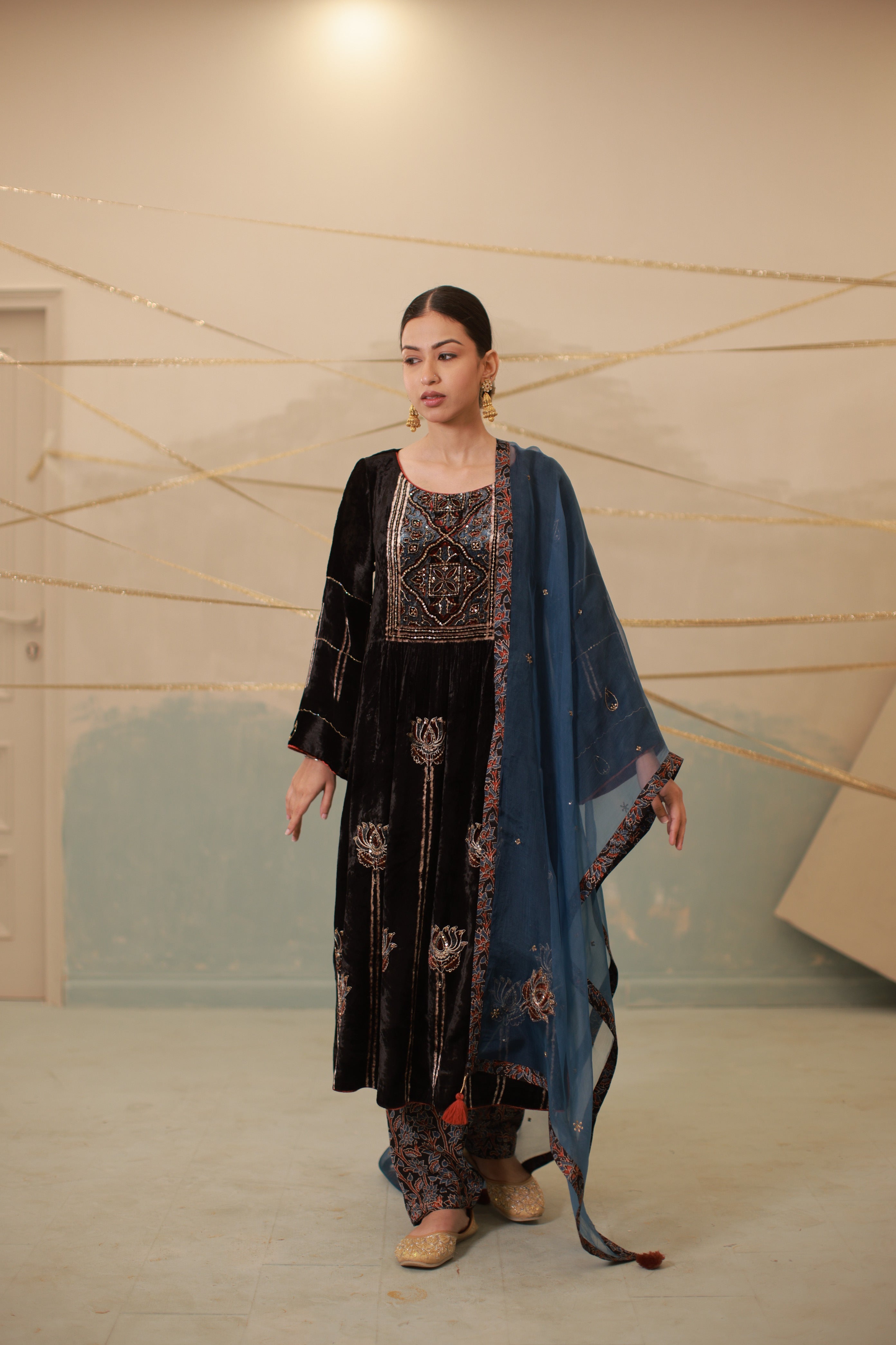 Blue-Black velvet hand embroidered kalidar suit set