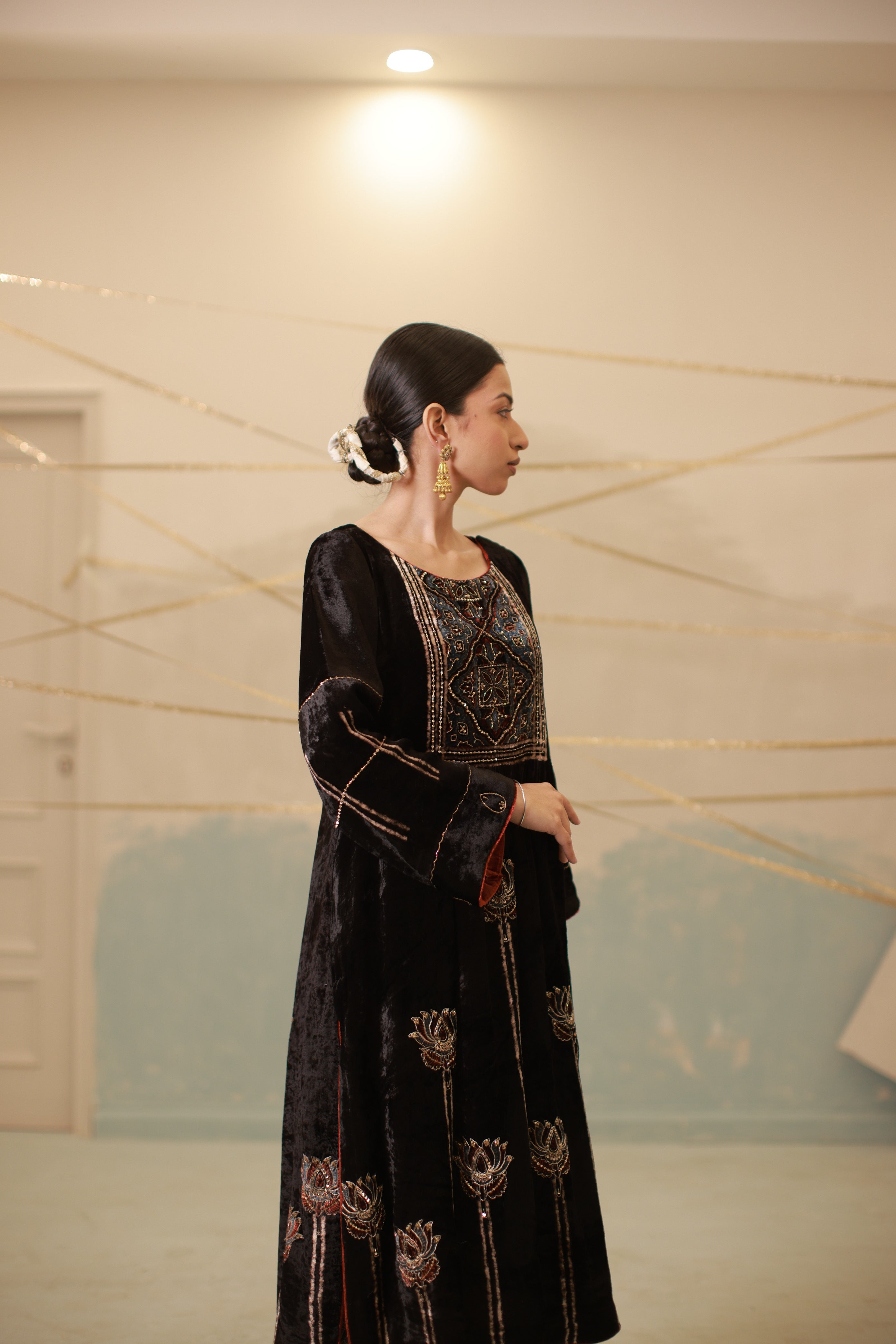 Blue-Black velvet hand embroidered kalidar suit set