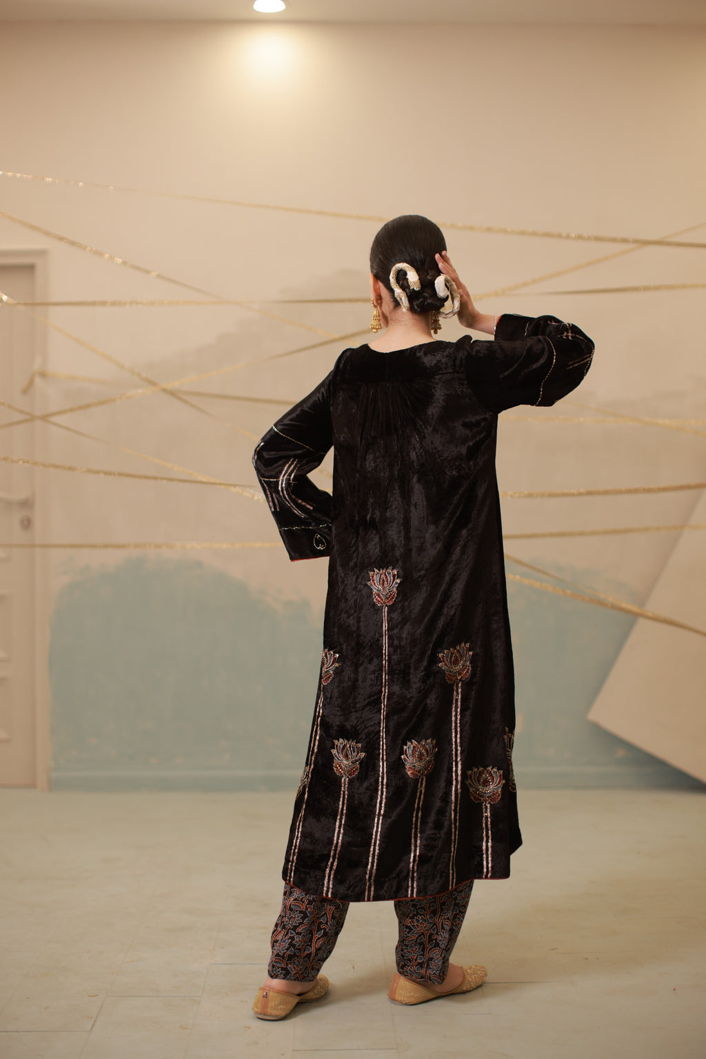 Blue-Black velvet hand embroidered kalidar suit set