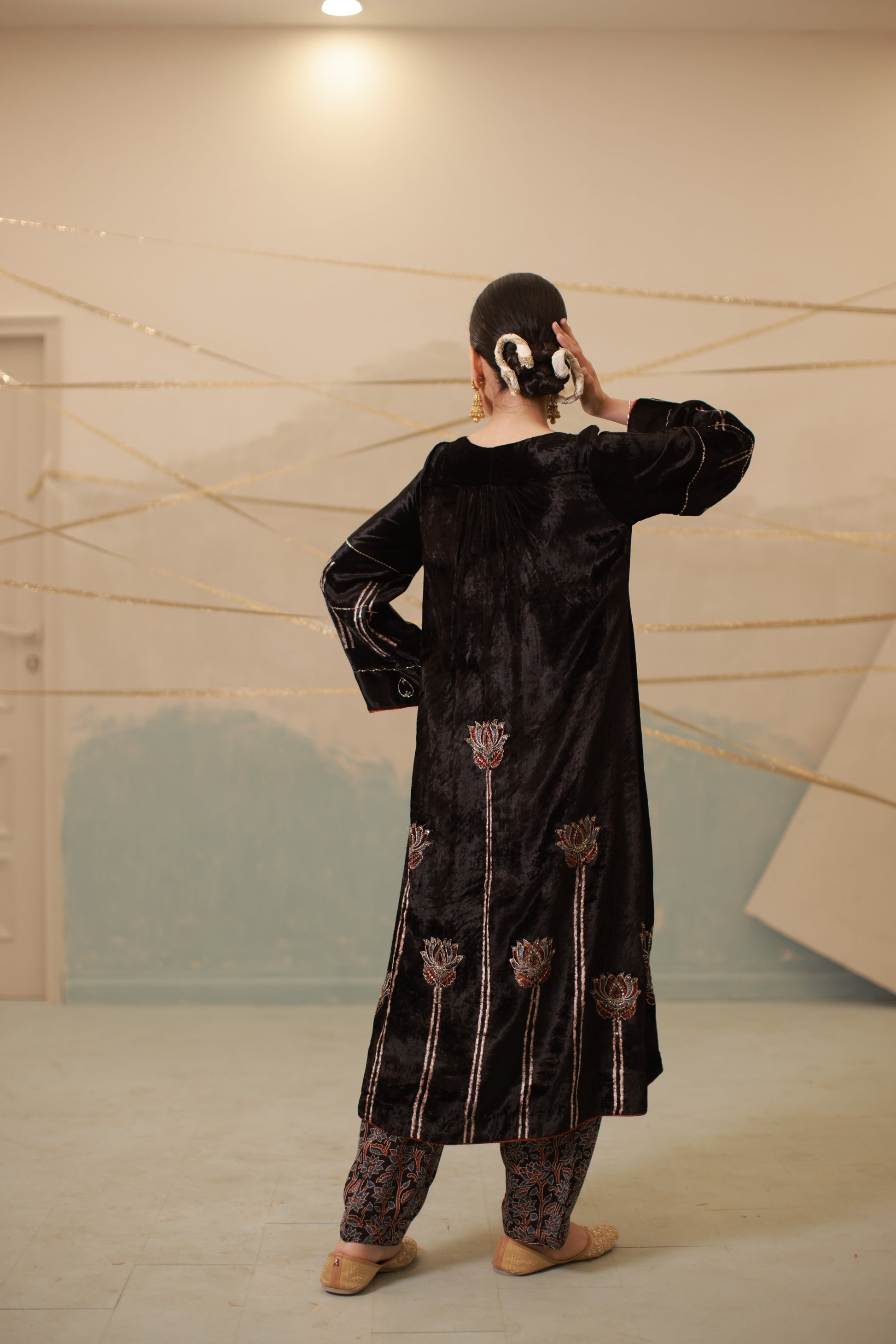 Blue-Black velvet hand embroidered kalidar suit set
