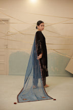 Blue-Black velvet hand embroidered kalidar suit set