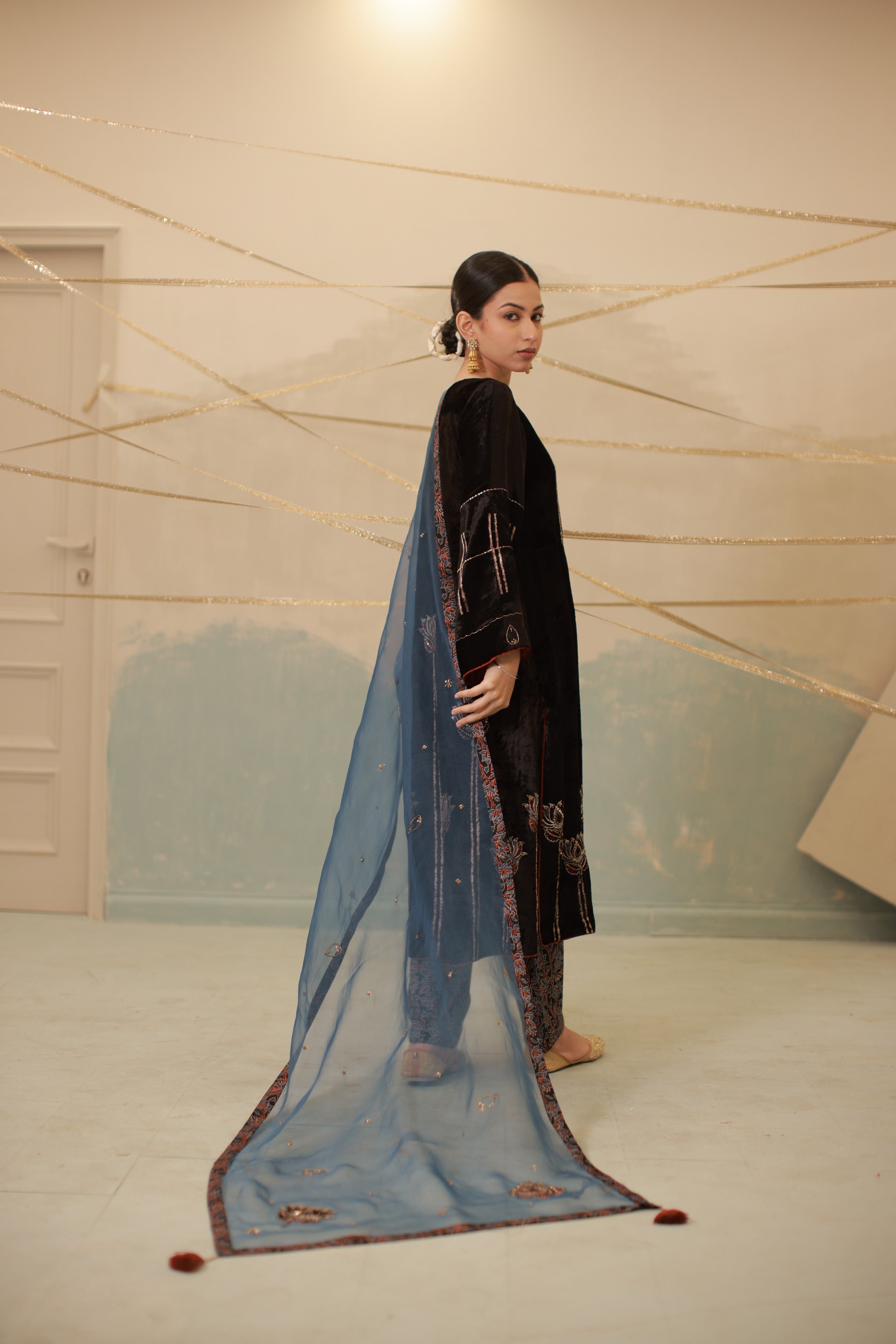 Blue-Black velvet hand embroidered kalidar suit set