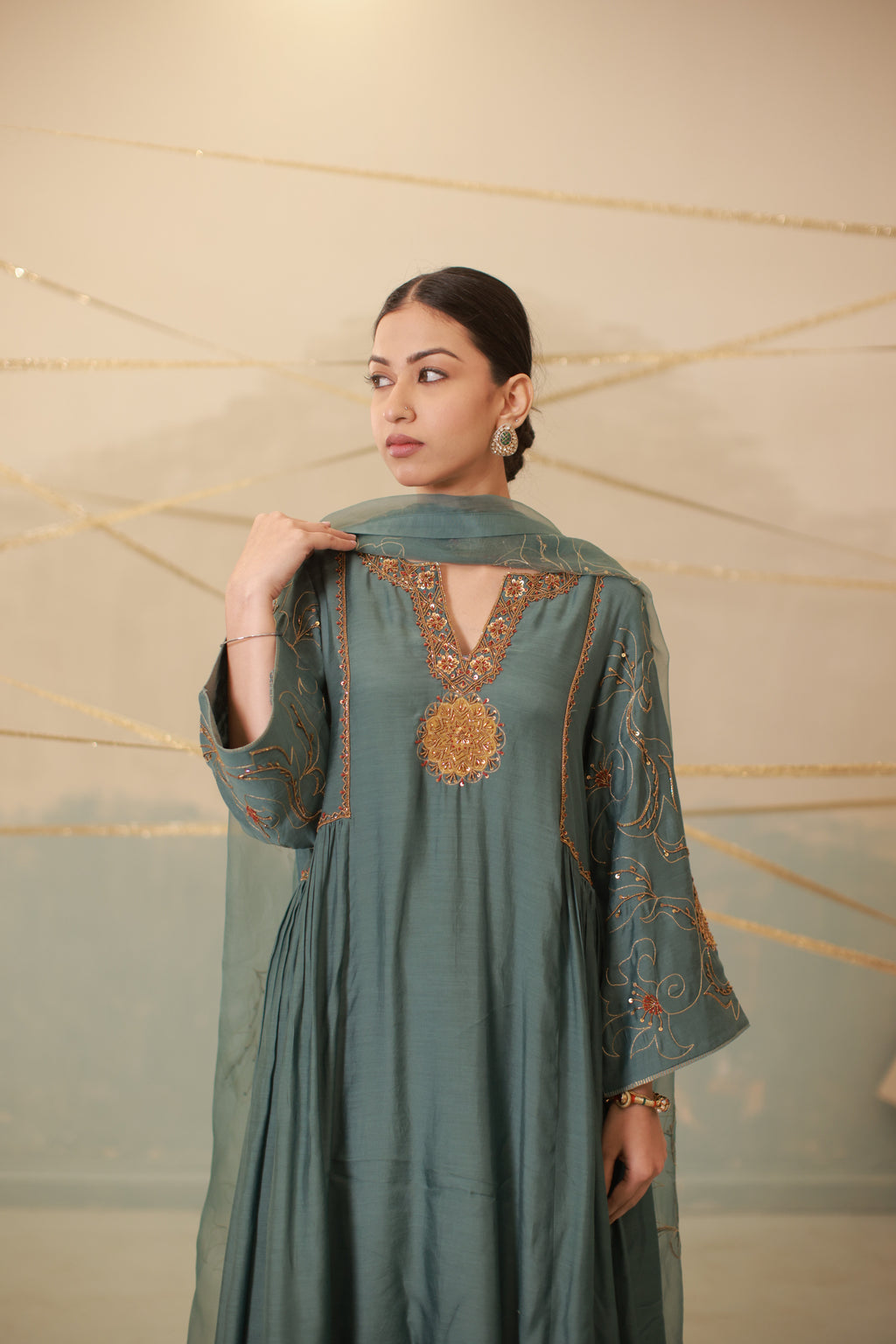 Airforce blue hand embroidered side gathered suit set