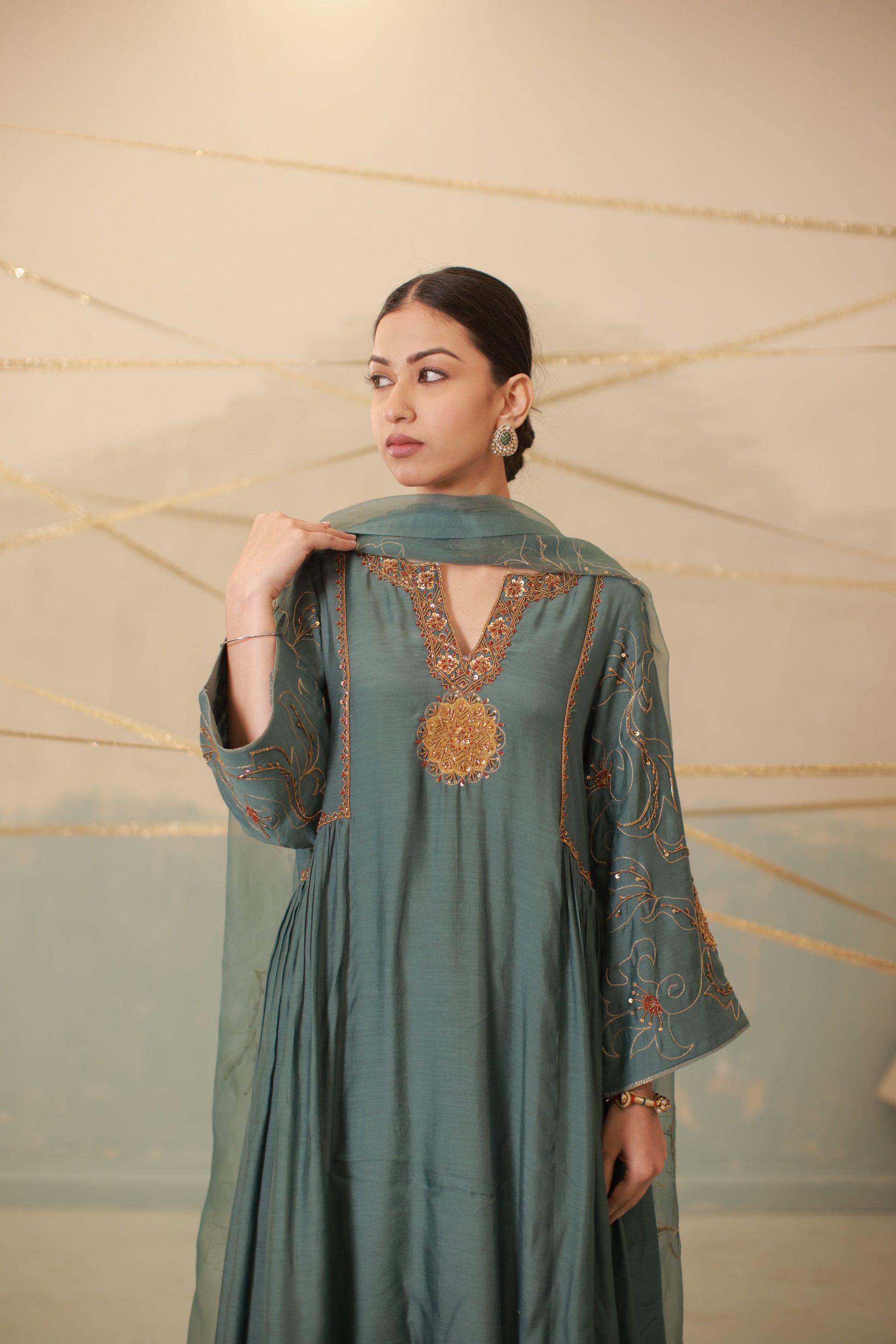 Airforce blue hand embroidered side gathered suit set