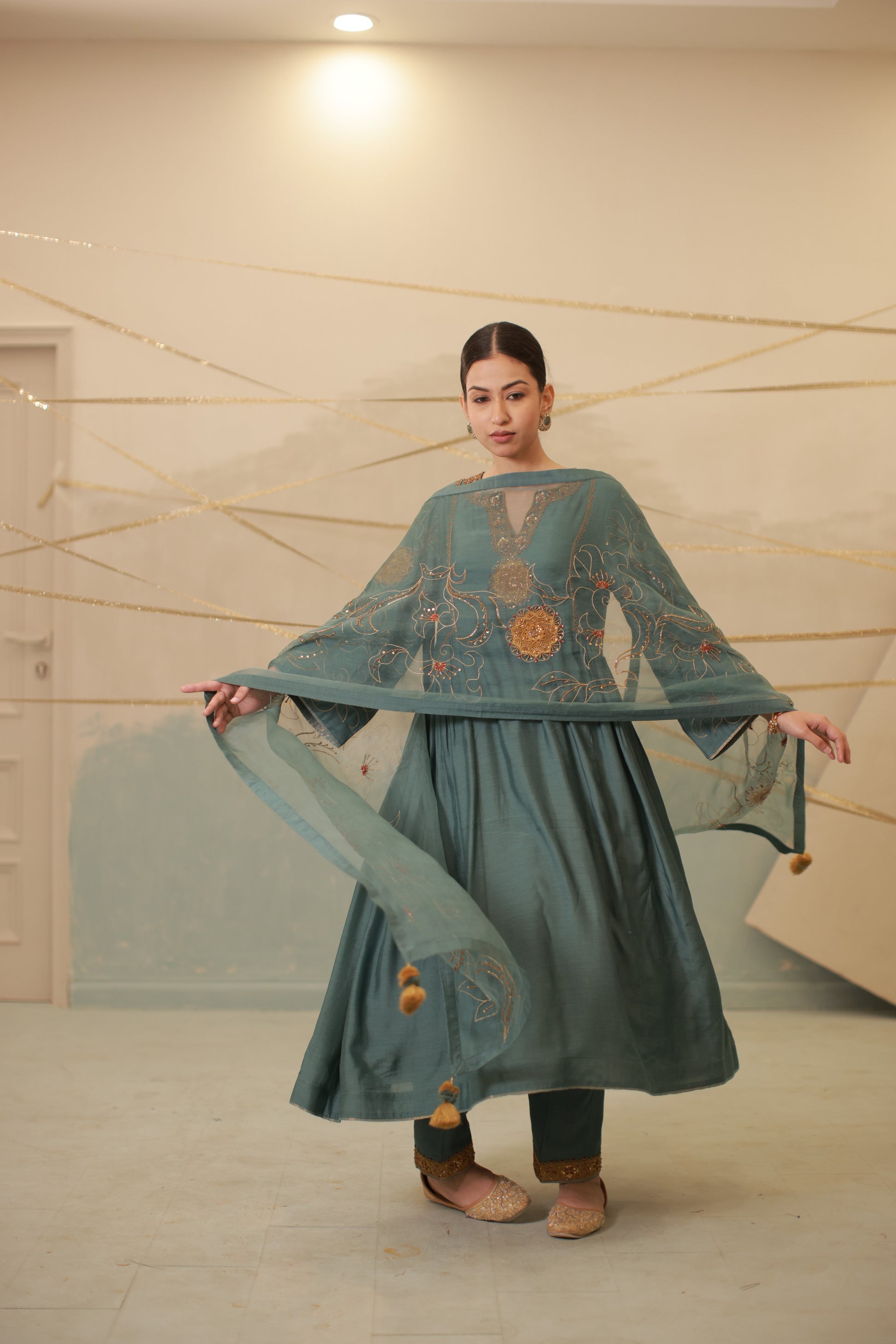 Airforce blue hand embroidered side gathered suit set