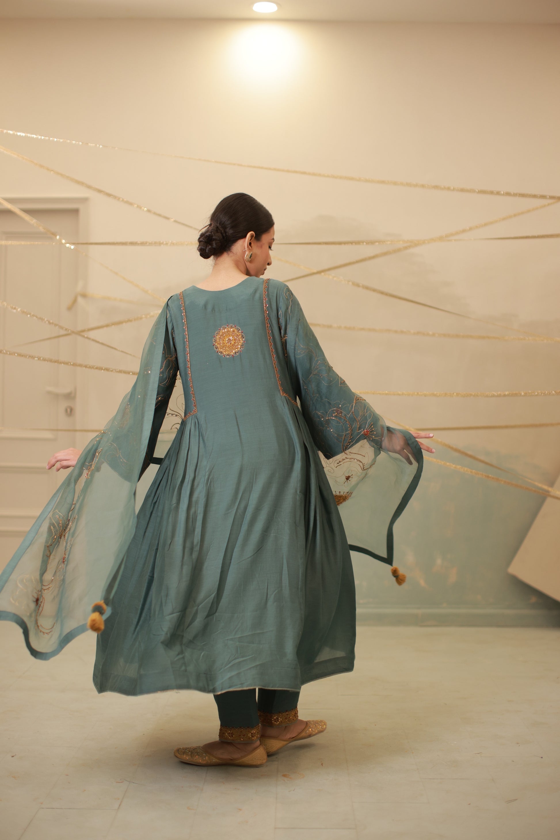 Airforce blue hand embroidered side gathered suit set