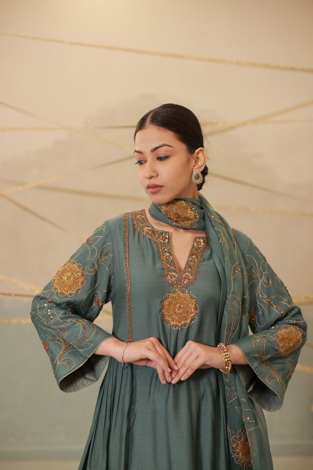 Airforce blue hand embroidered side gathered suit set