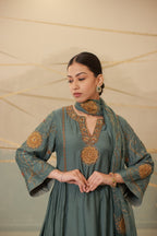 Airforce blue hand embroidered side gathered suit set