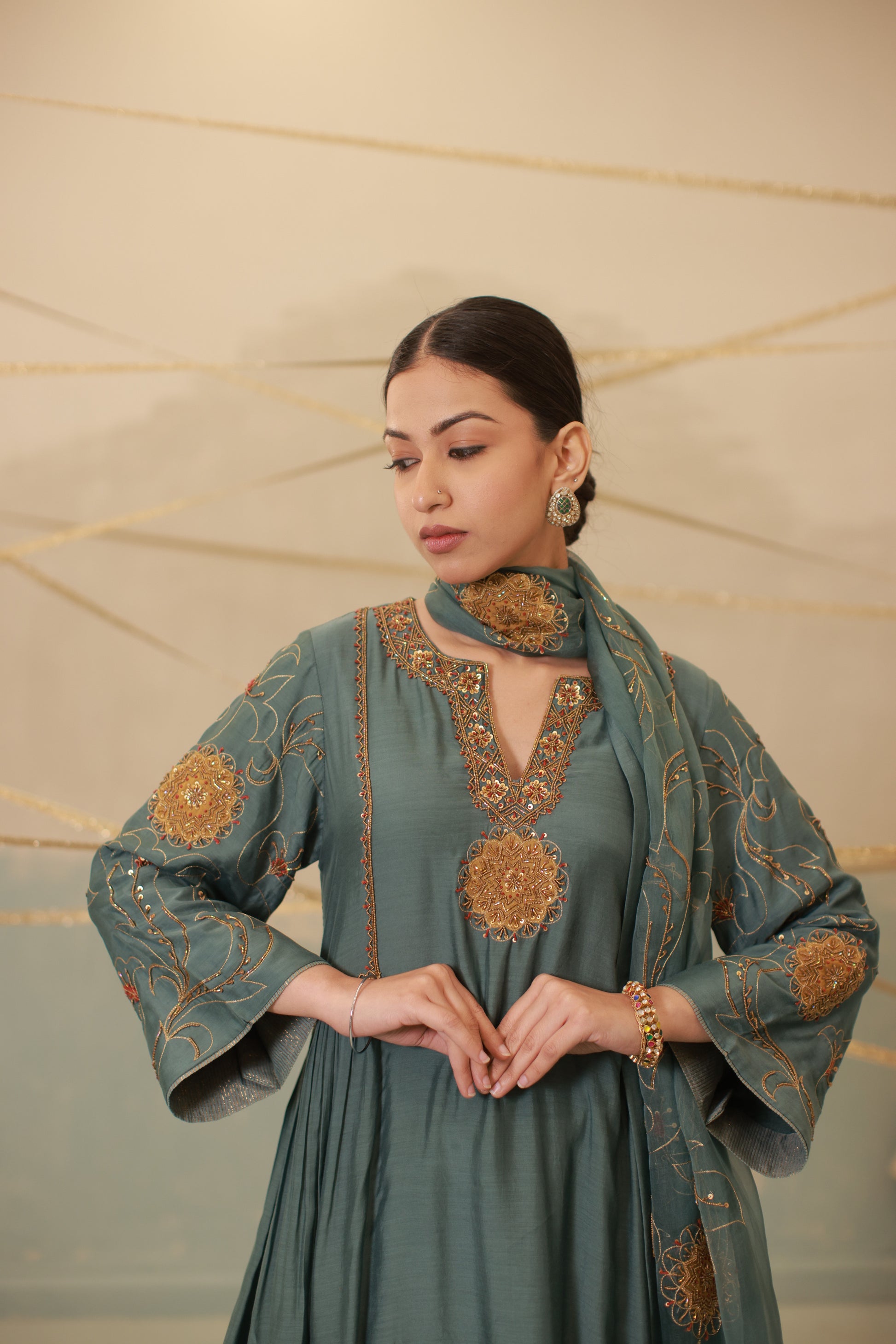 Airforce blue hand embroidered side gathered suit set