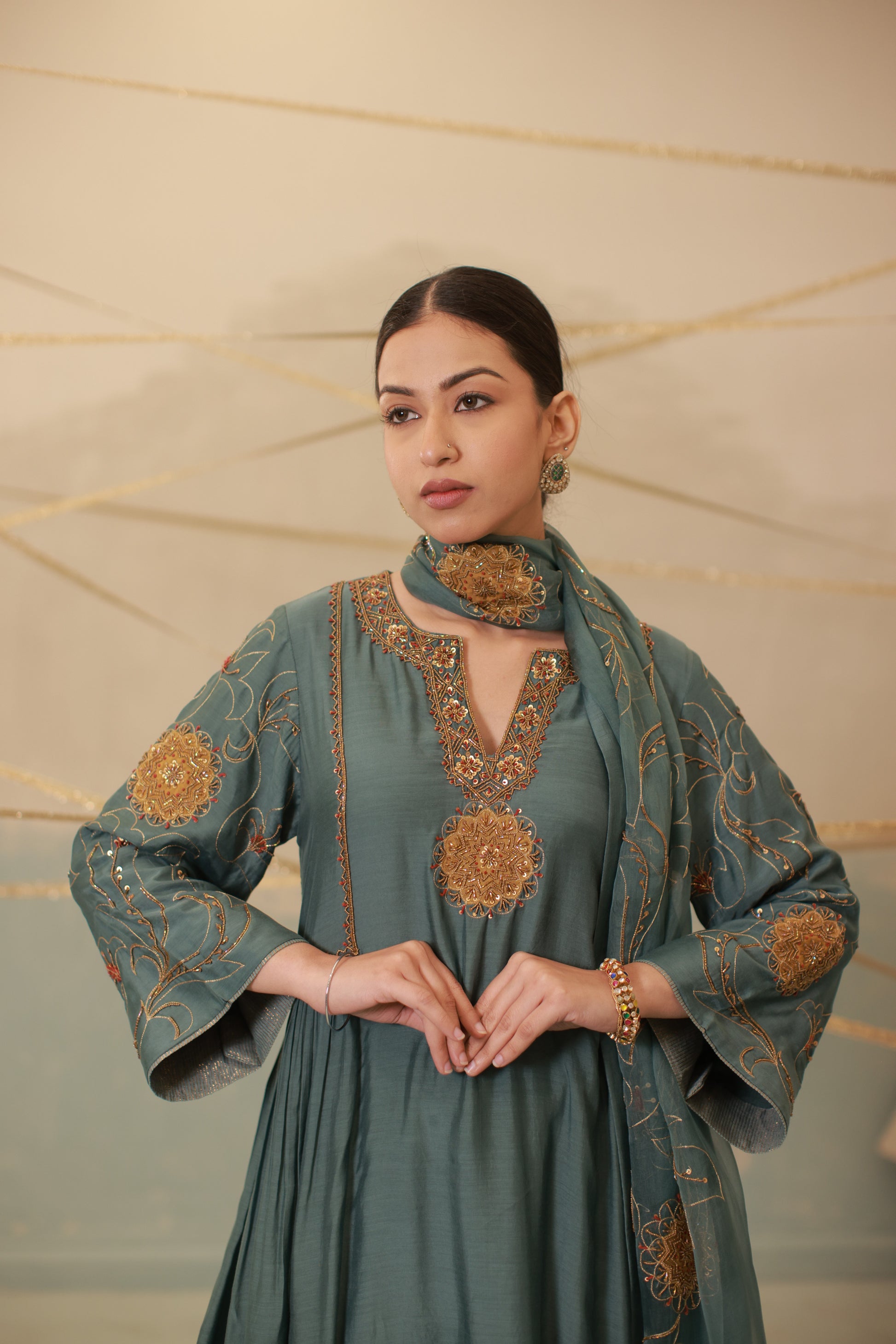 Airforce blue hand embroidered side gathered suit set