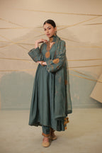 Airforce blue hand embroidered side gathered suit set