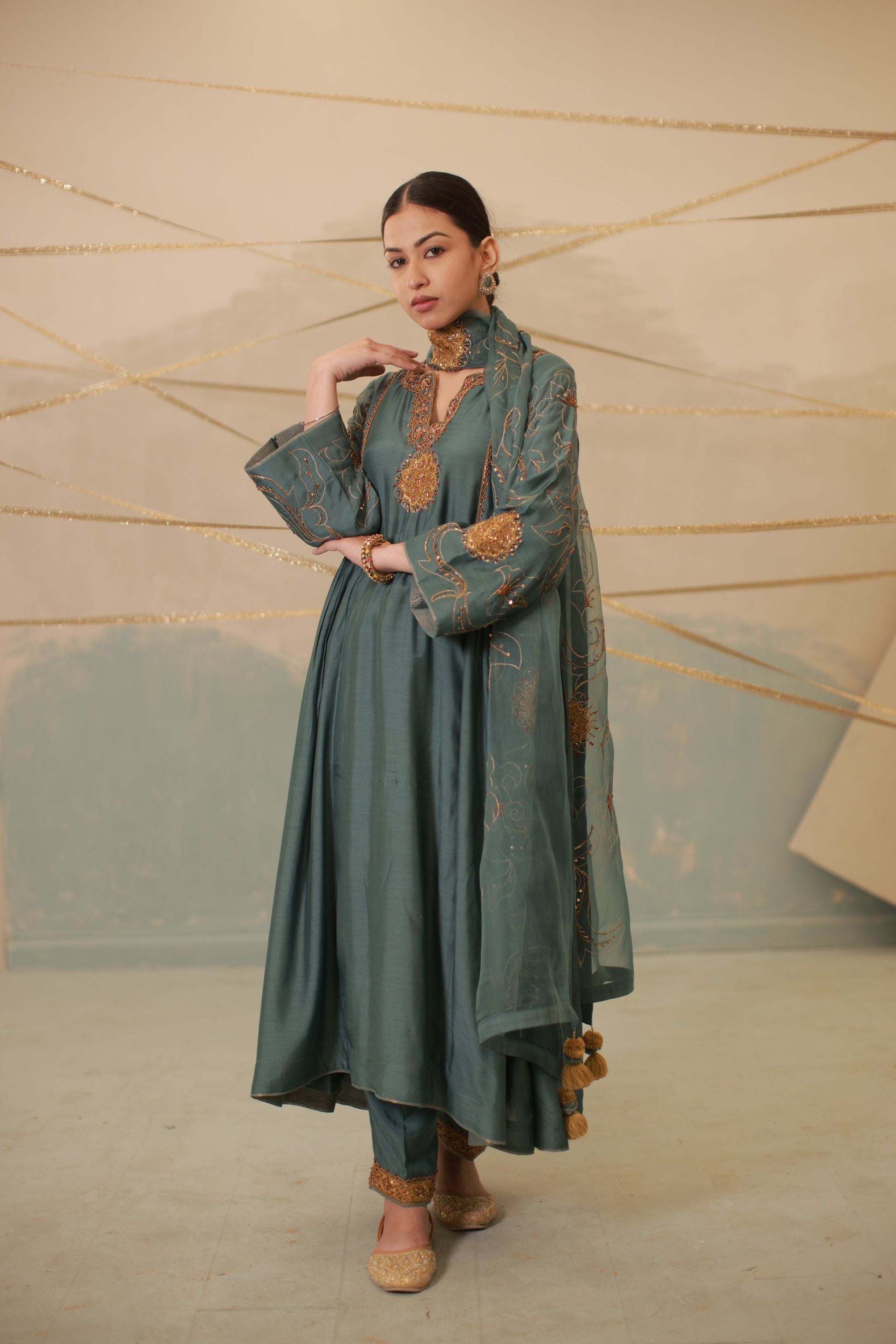 Airforce blue hand embroidered side gathered suit set