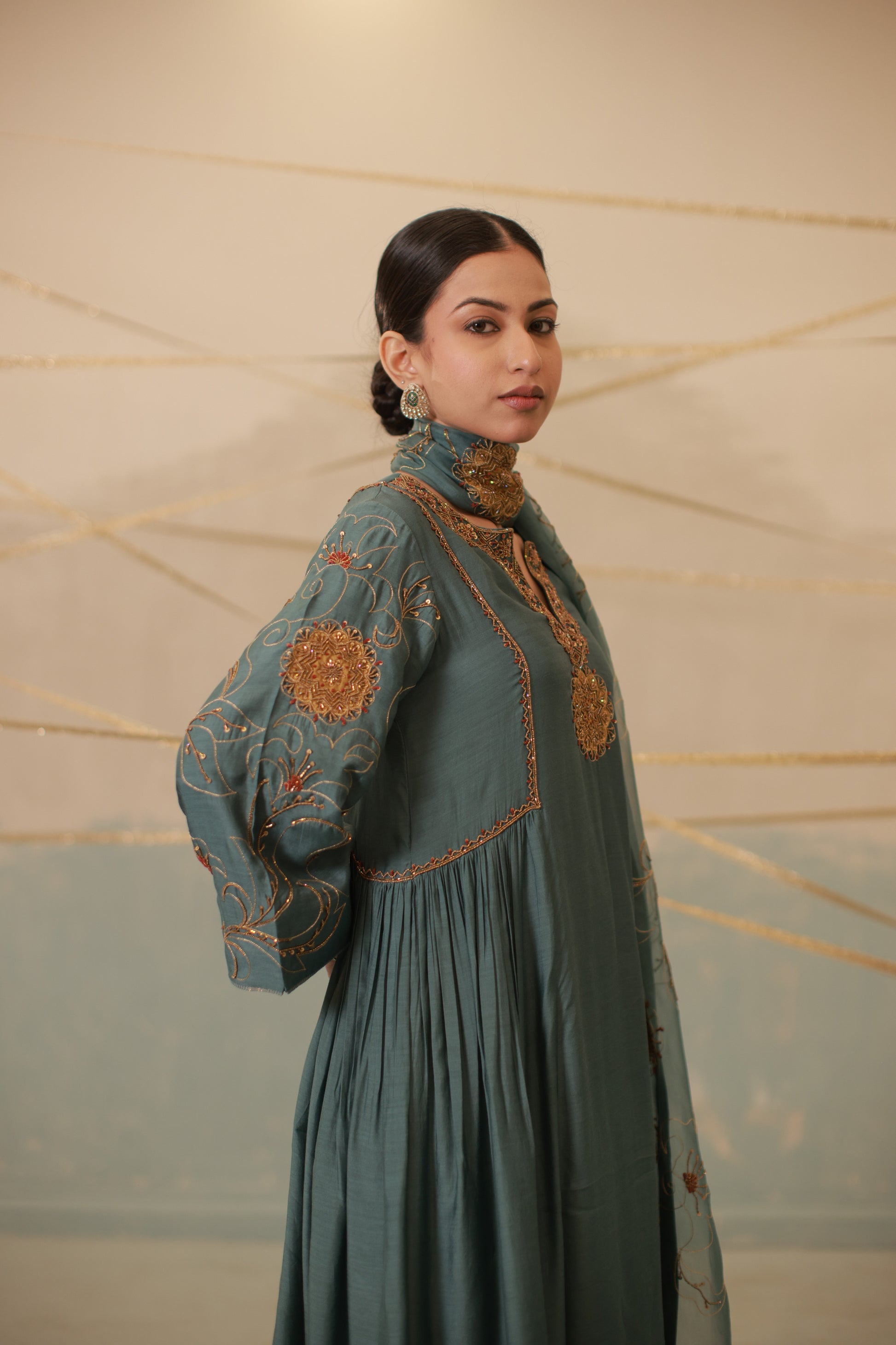 Airforce blue hand embroidered side gathered suit set