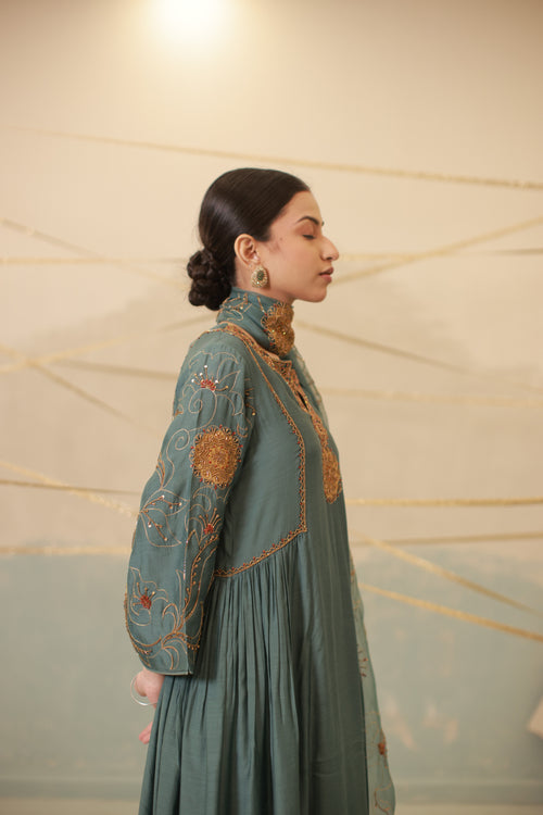 Airforce blue hand embroidered side gathered suit set