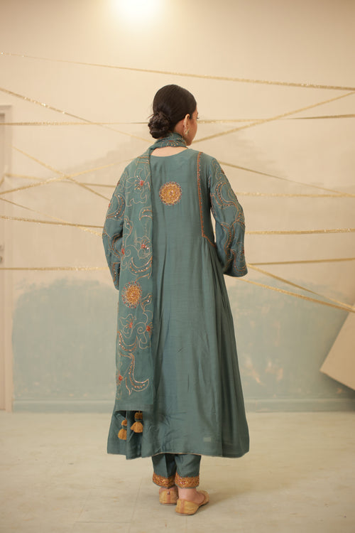 Airforce blue hand embroidered side gathered suit set