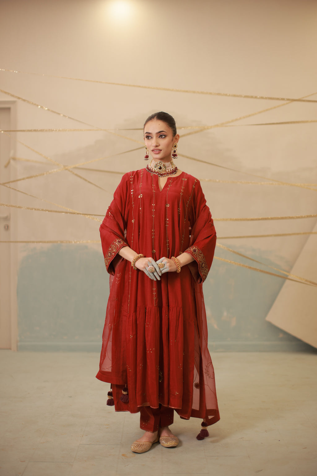 Deep red hand embroidered mul chanderi anarkali suit set