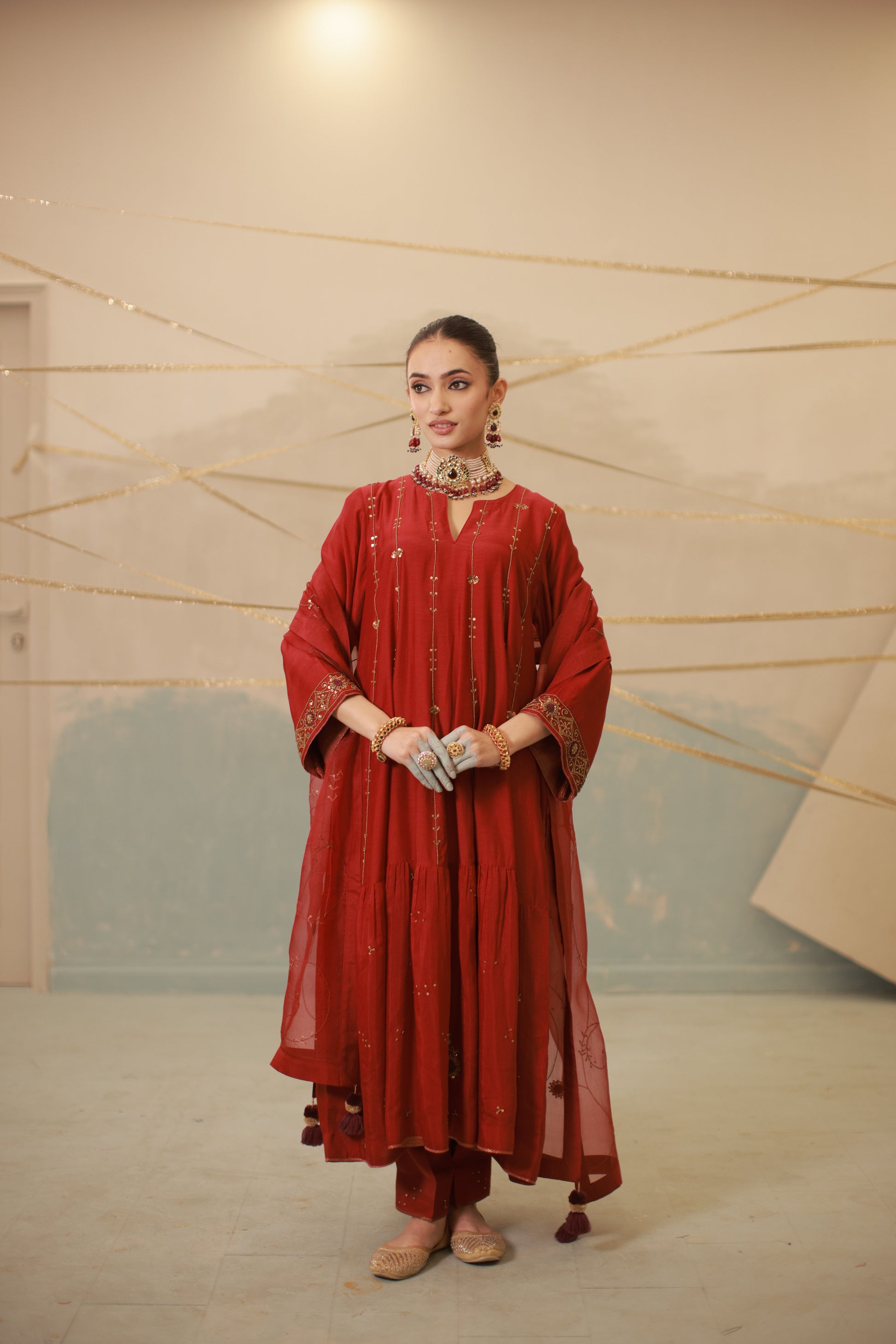 Deep red hand embroidered mul chanderi anarkali suit set