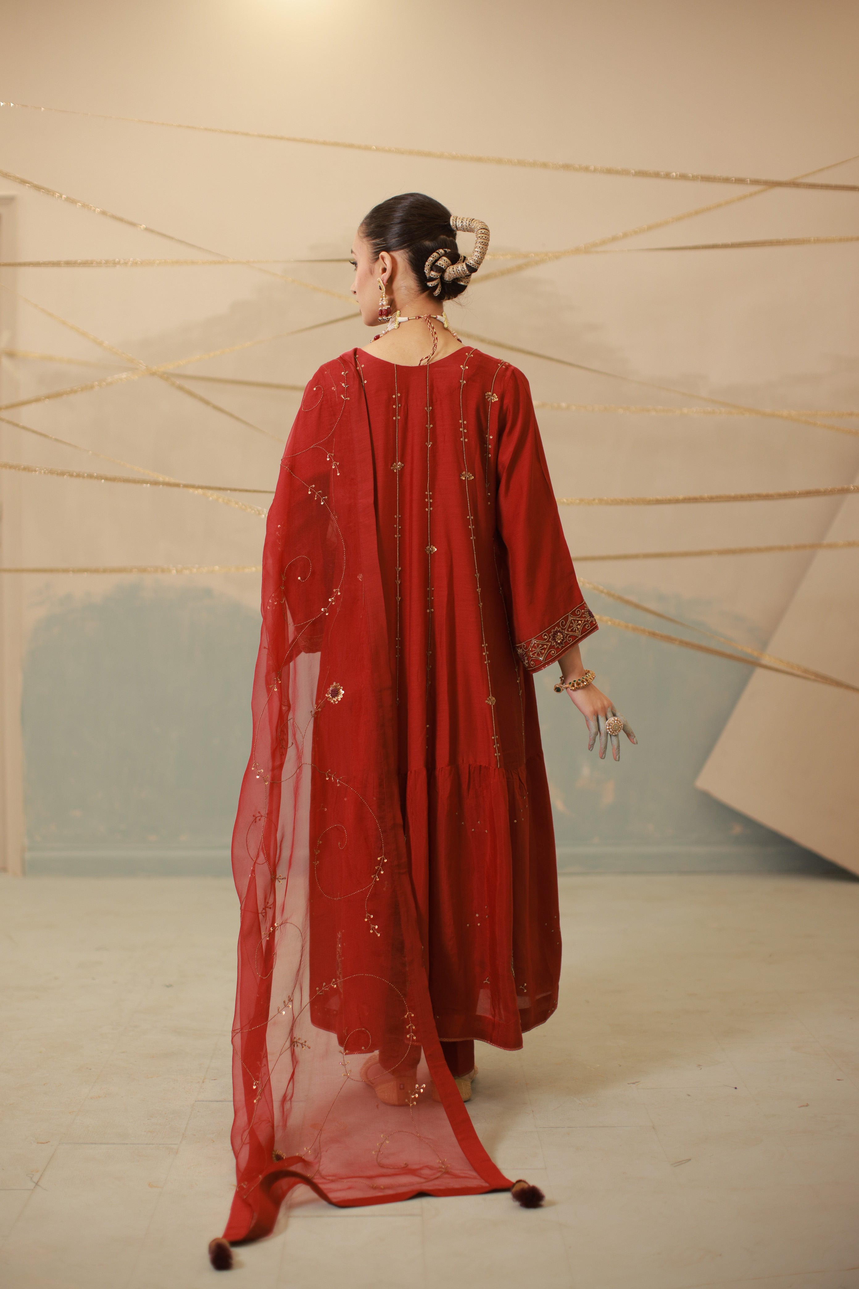 Deep red hand embroidered mul chanderi anarkali suit set