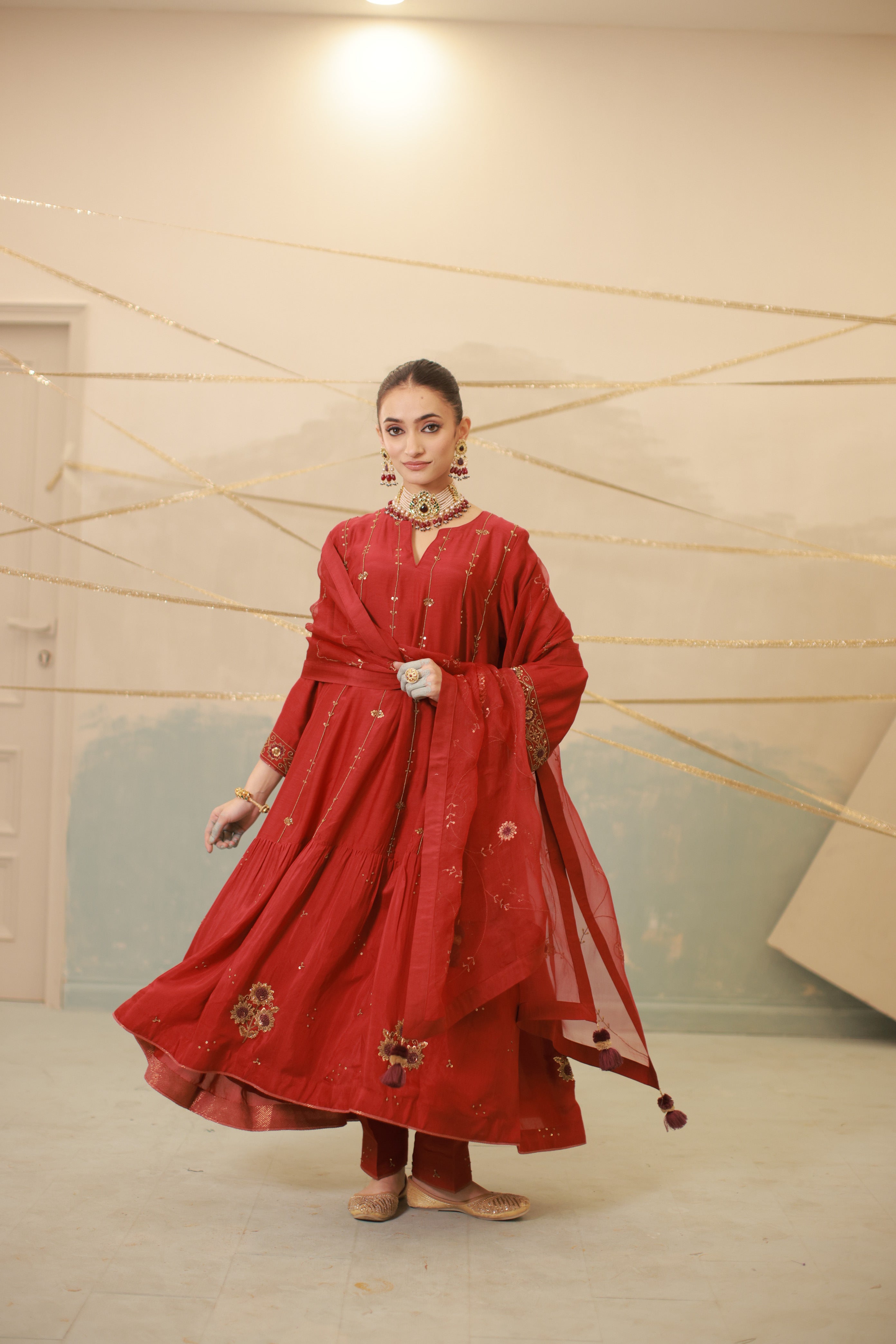 Deep red hand embroidered mul chanderi anarkali suit set