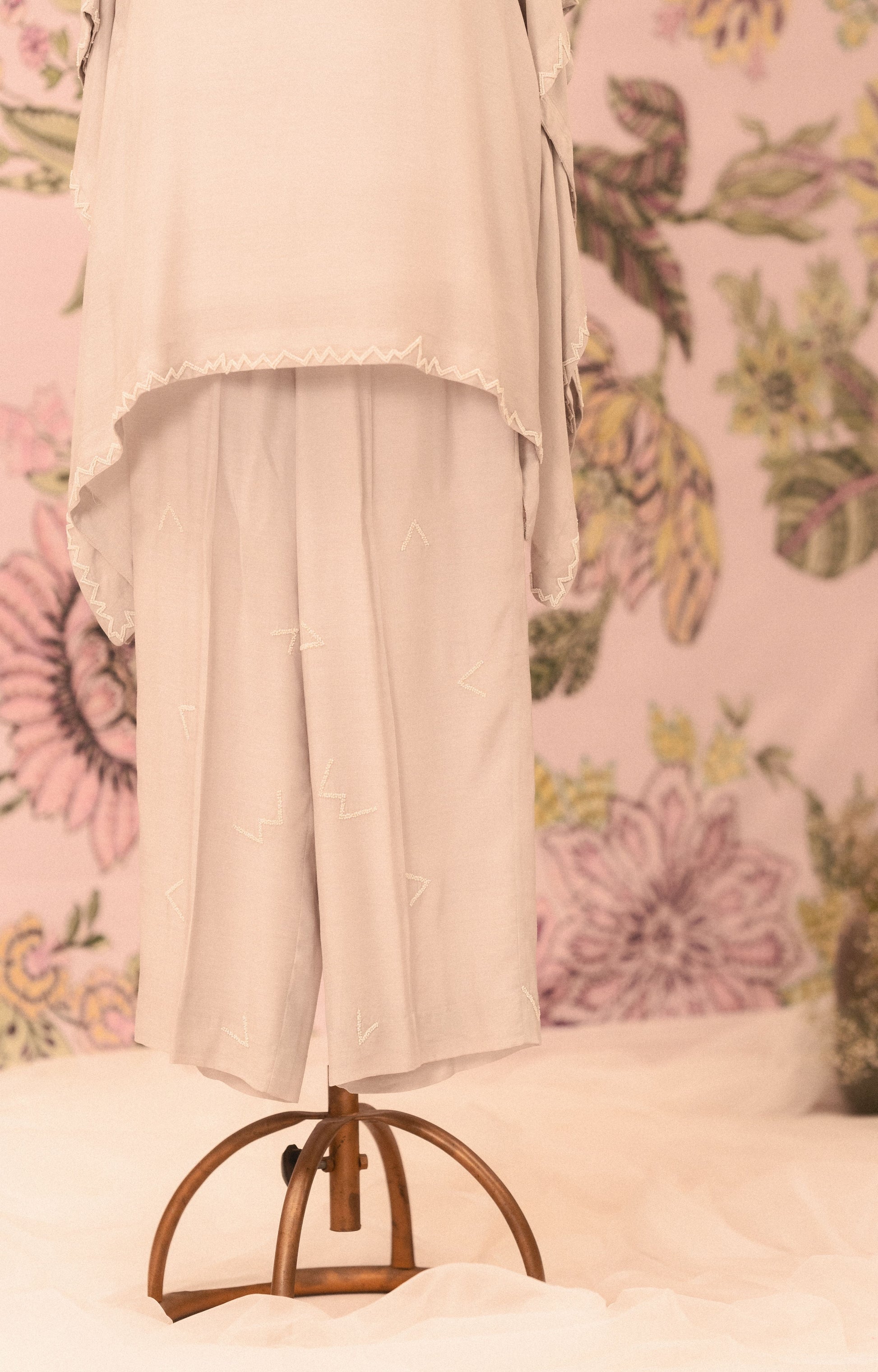 Grey Mul Silk Pearl Embellished Co-Ord Set