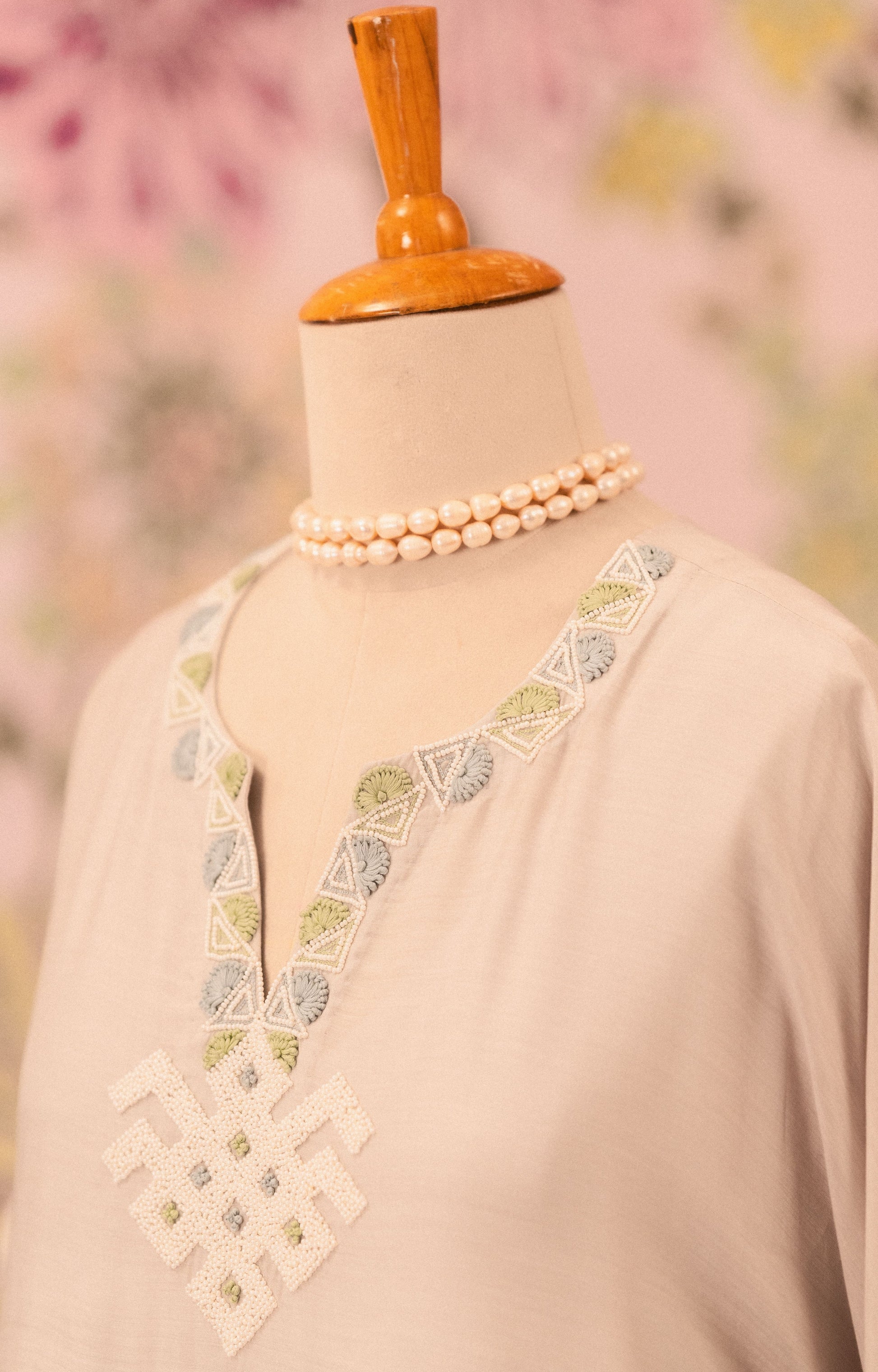 Grey Mul Silk Pearl Embellished Co-Ord Set