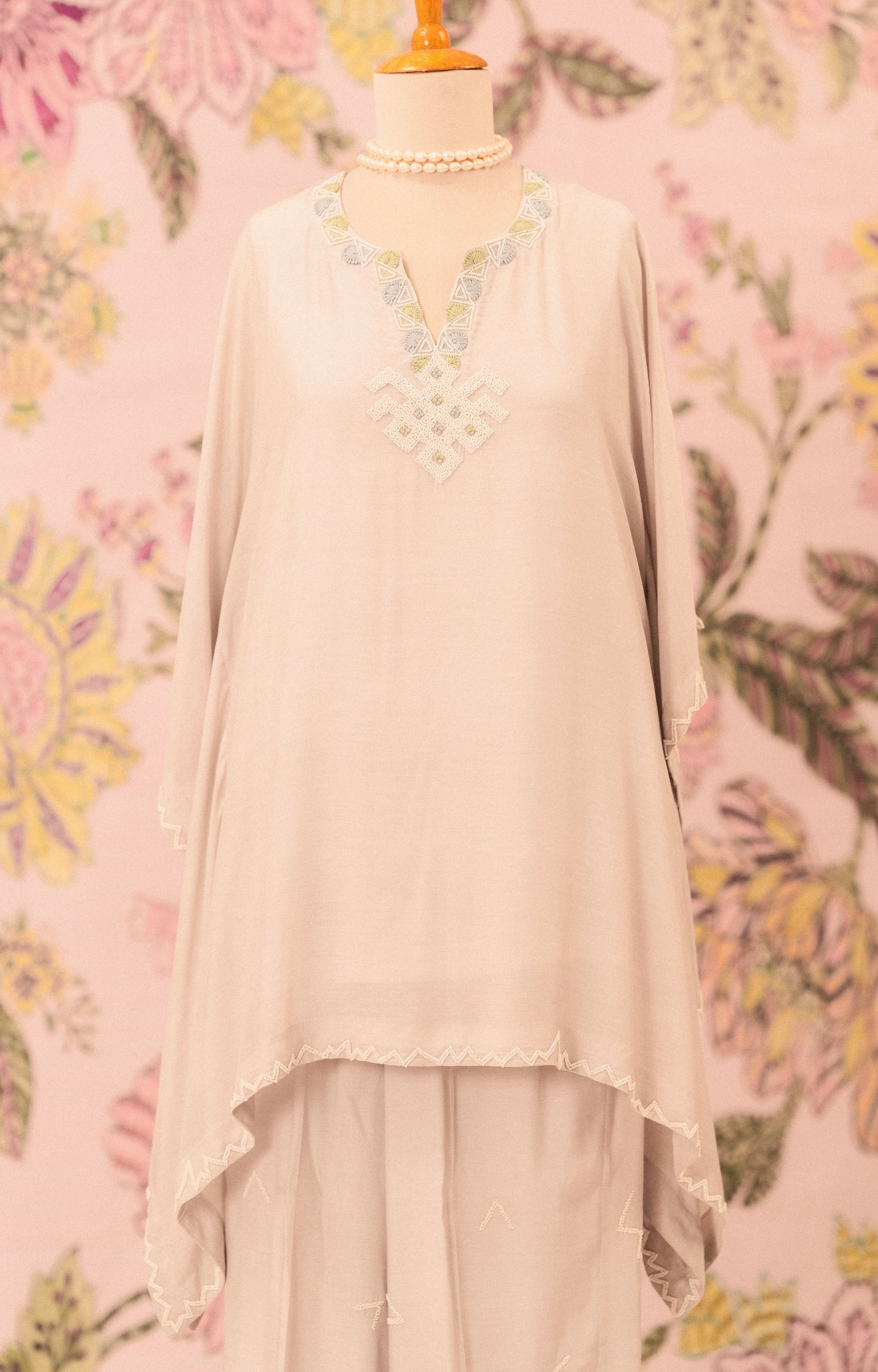 Grey Mul Silk Pearl Embellished Co-Ord Set