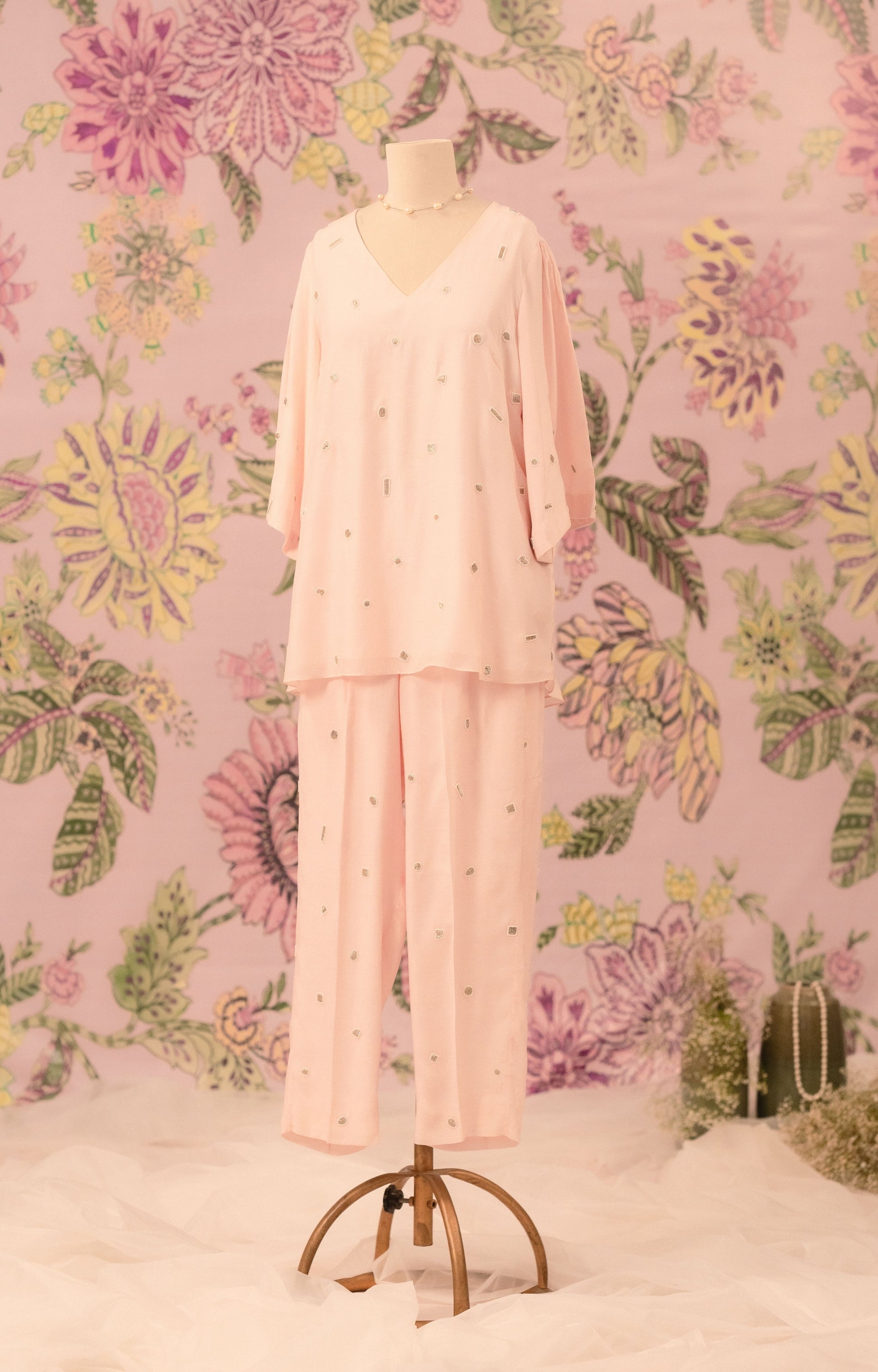 Powder pink co-ord set with all over embellishment