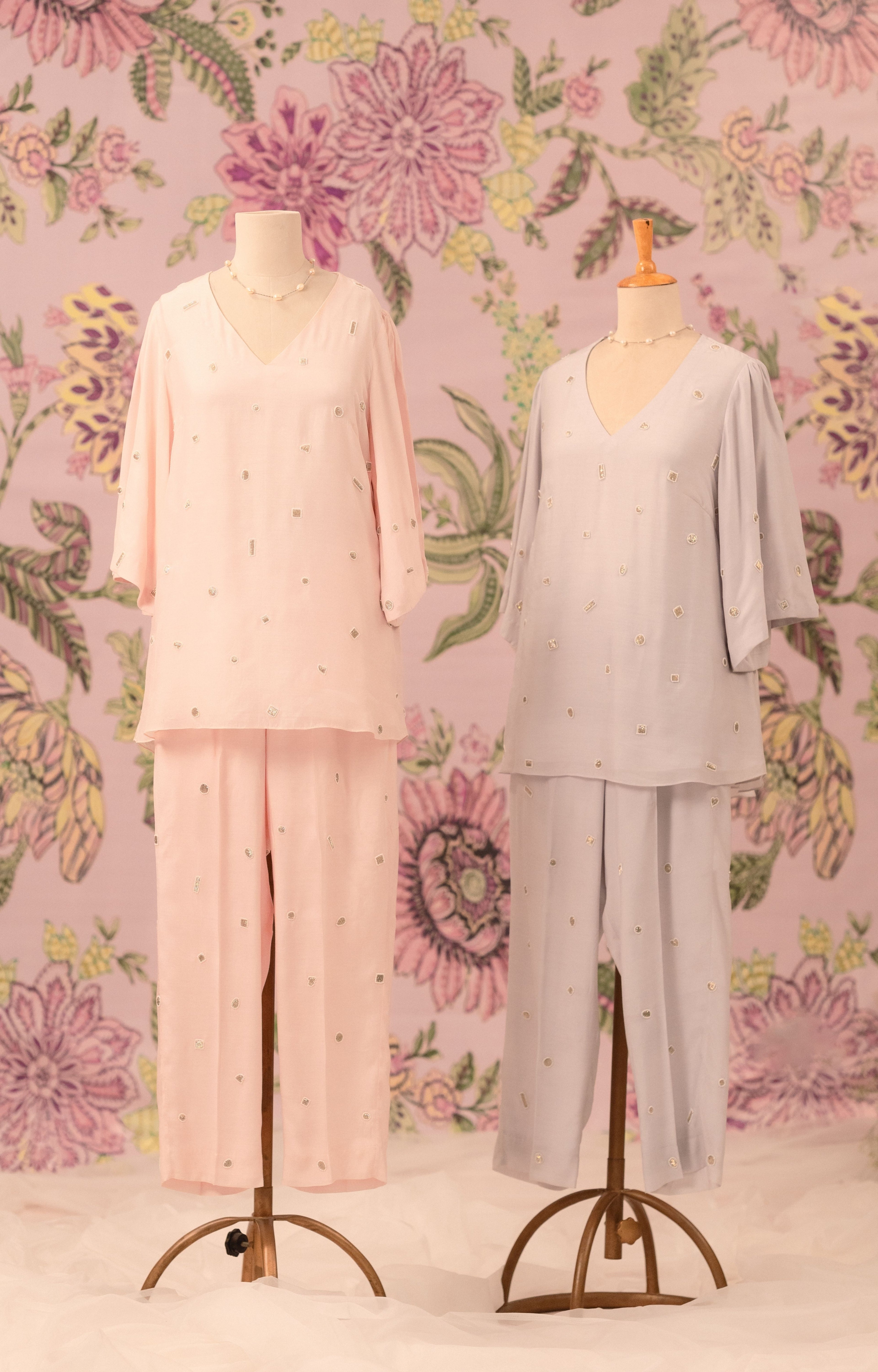 Powder pink co-ord set with all over embellishment